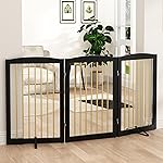 PUPETPO Freestanding Pet Gate for Dogs, Foldable Wooden Dog Gate for House Indoor, Step Over Pet Puppy Safety Fence for Stair, Doorway,Hall, Support Feet Included,3 Panels 32,Black&Gold