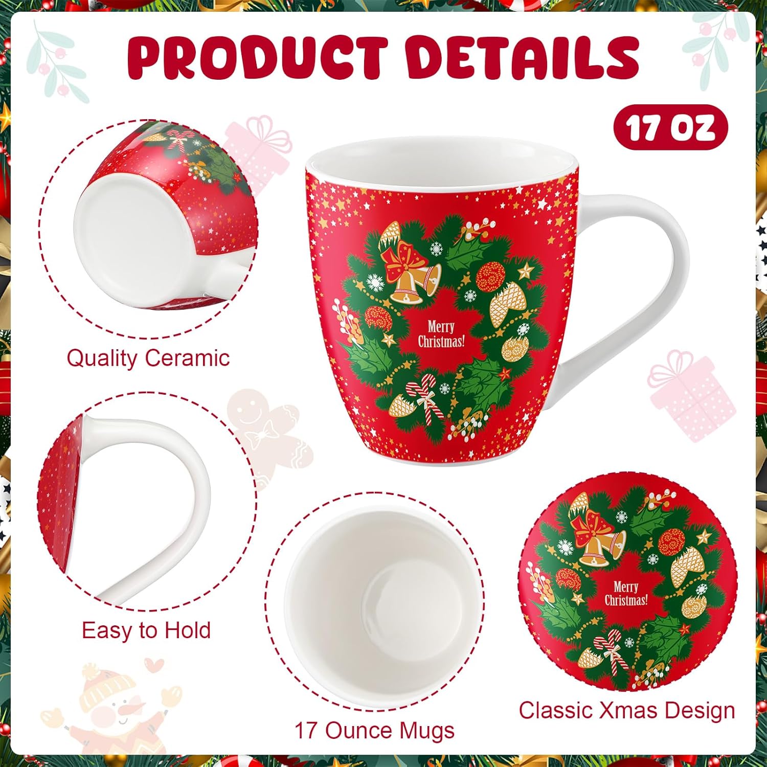 10 Pcs Large 17oz Christmas Ceramic Mugs Set Christmas Gifts Classic Vintage Holiday Coffee Cute Cups with Handle Hot Cocoa Coffee Bar Mug Bulk Xmas Party Favor for Housewarming Office