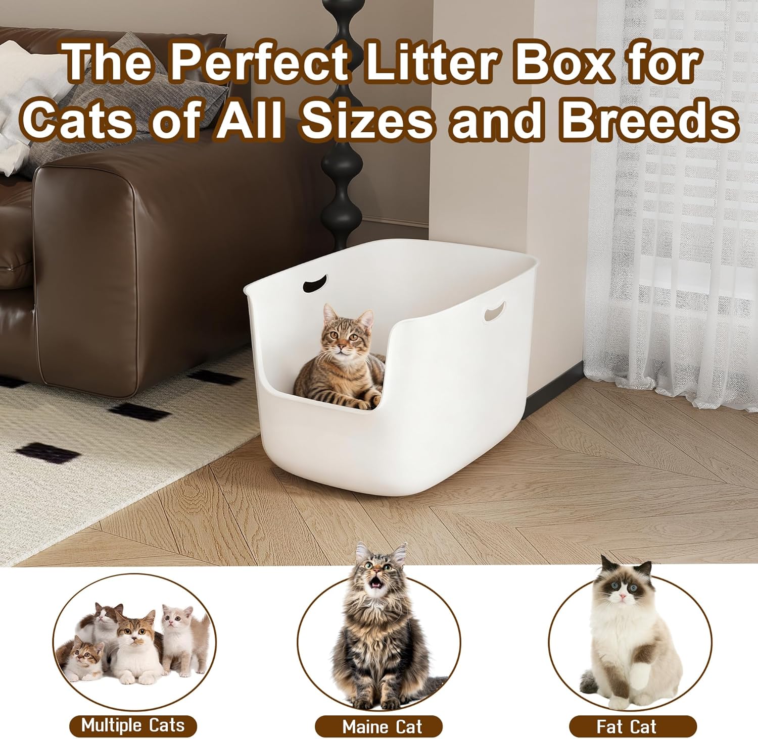 Jumbo Extra Large Cat Litter Box - High Sided Low Entry Open-Top Anti-Splash Pan for Multiple Cats, Kittens & Senior Cats, 22.6"x15.4"x13.9", White
