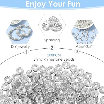 200PCS Rondelle Spacer Beads, 8mm Silver Rhinestone Beads for Jewelry Making, Sparkle Crystal Bead for DIY Bracelets Necklace Earrings, Decorative Charm Supplies