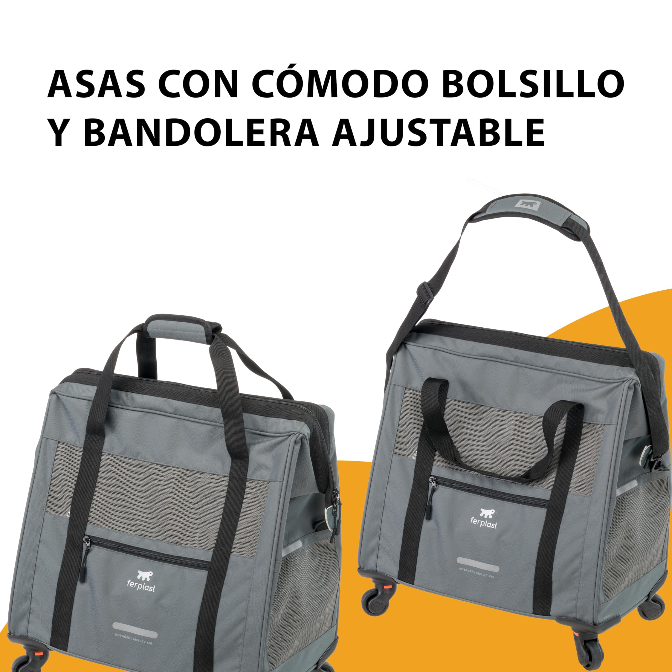 Ferplast Transportin Gato Voyager Trolley, Transportín Perro, Mochila para Gatos, Asa Extensible, Correas Ajustables, Apertura Amplia, Ruedas Desmontables, Máx. 15 kg, 46 x 26 x 48H cm, Gris
