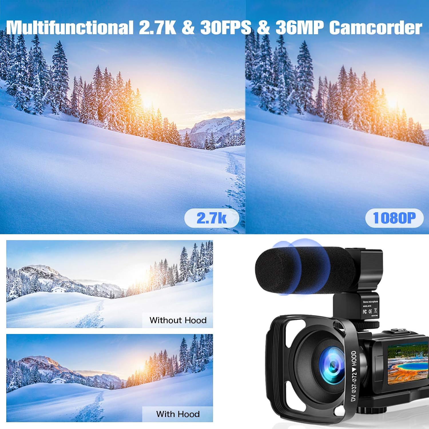 Video Camera Camcorder Vlogging Camera Full HD 2.7K 24.0 MP Digital Video Camera Recorder 3.0 Inch IPS Rotation Screen 16X Digital Zoom YouTube Camera with Microphone,Lens Hood,Batteries Charger