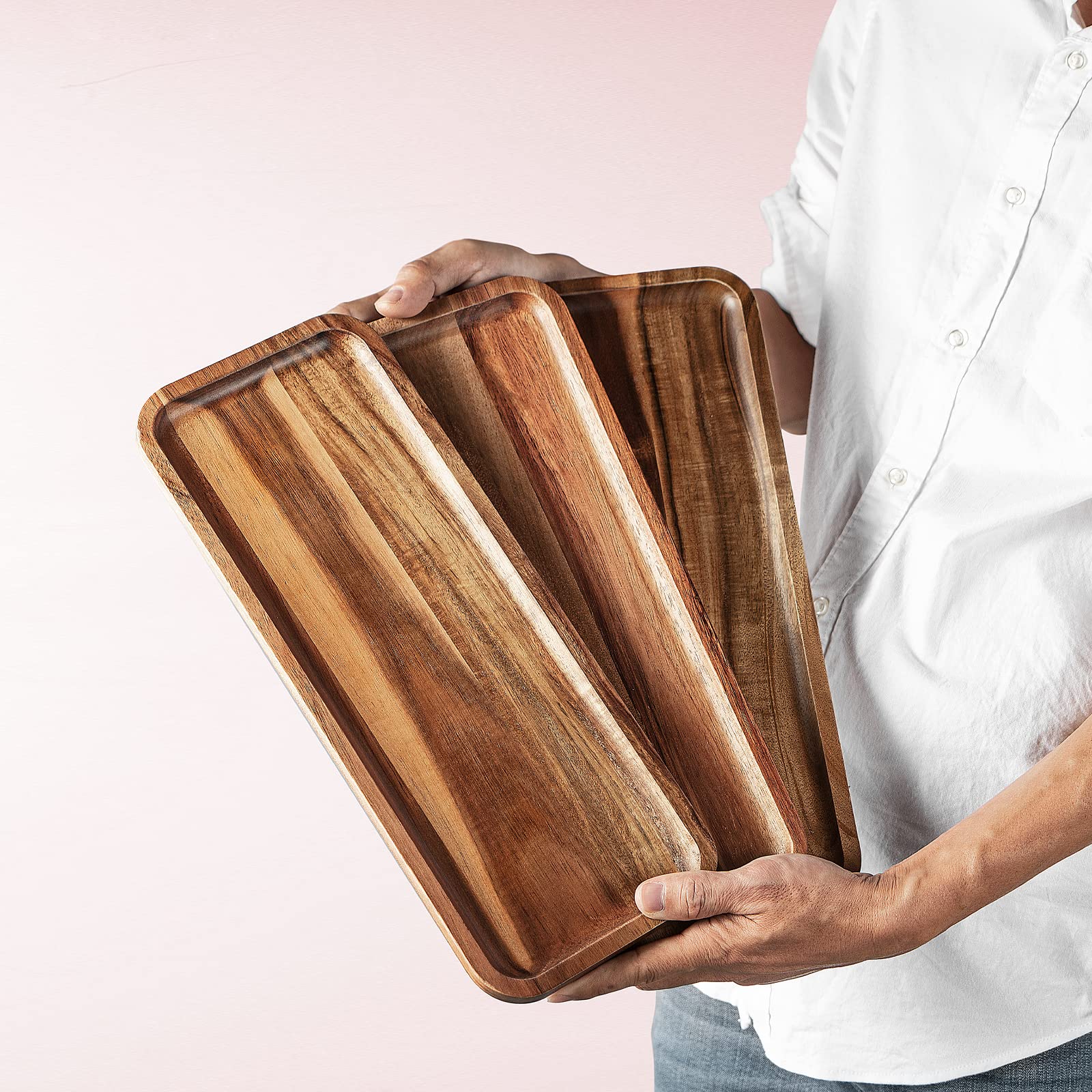 Set mit 3 Serviertabletts aus massivem Akazienholz (36.8x14 cm), rechteckige Holz-Servierplatten für Dessert, Lebensmittel, Gemüse, Obst, Charcuterie, Vorspeisen, Keksplatte, Käsebrett