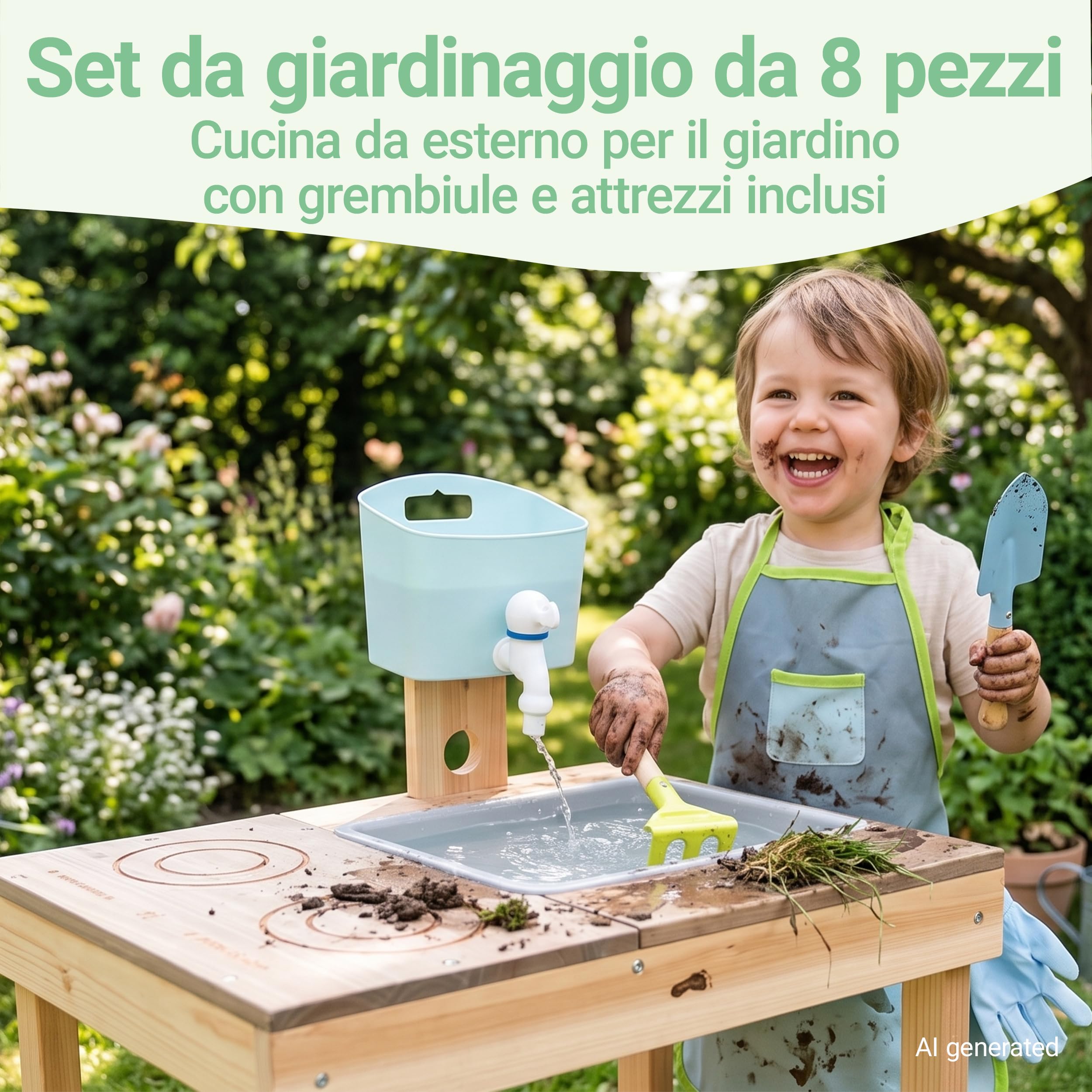 small foot Set da cucina fangosa per bambini con gioco d'acqua e set da giardino, verde | Cucina da gioco per esterni con dispenser d'acqua, attrezzi da giardino, piano cottura e grembiule