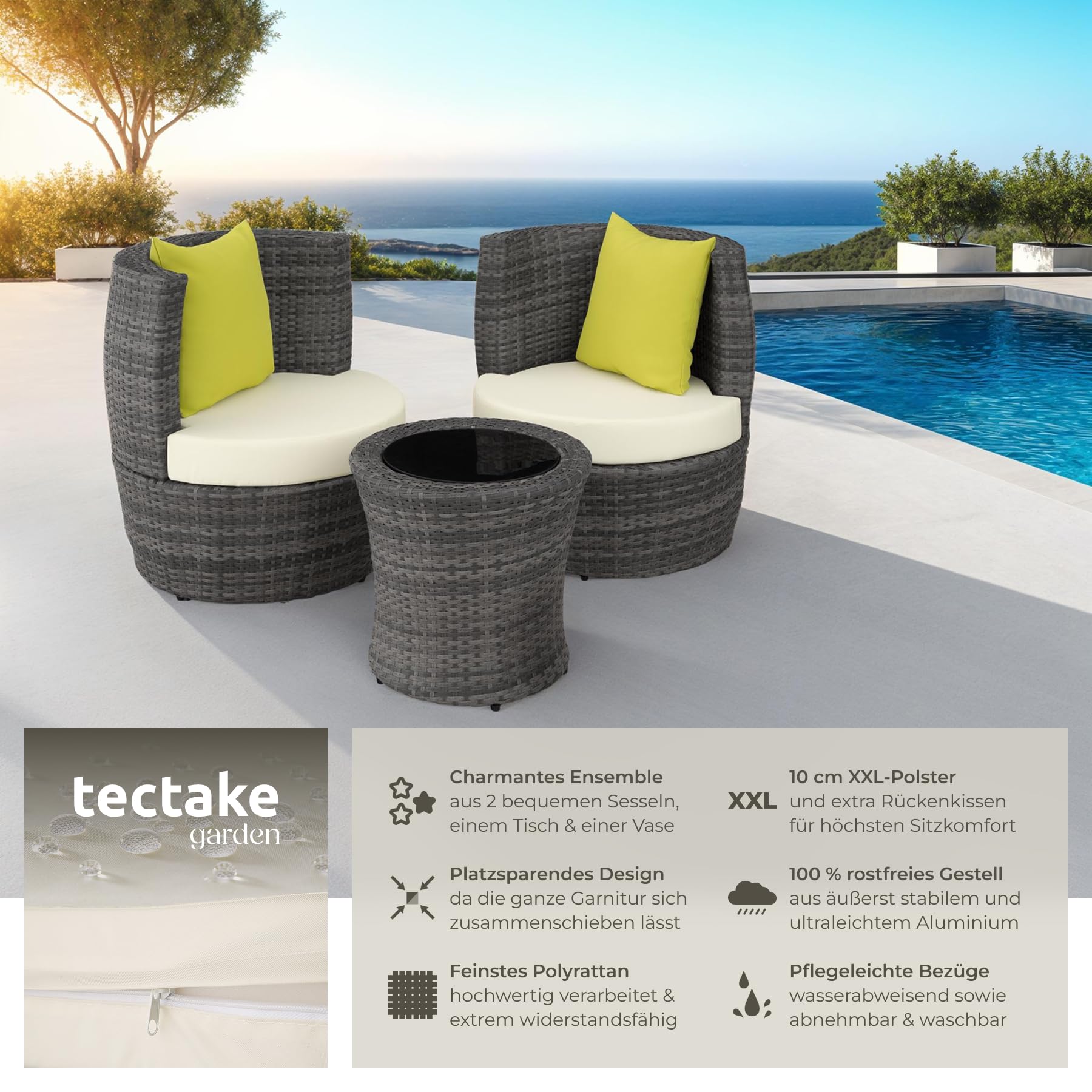 tectake® Rattan Set 2 Personen, Balkonmöbel, Aluminium Gartenmöbel Set, Outdoor Sitzgruppe mit 2X Stuhl, 1 Beistelltisch rund, 1 Vase, platzsparend zusammenschiebbar, mit Polster und Kissen - grau
