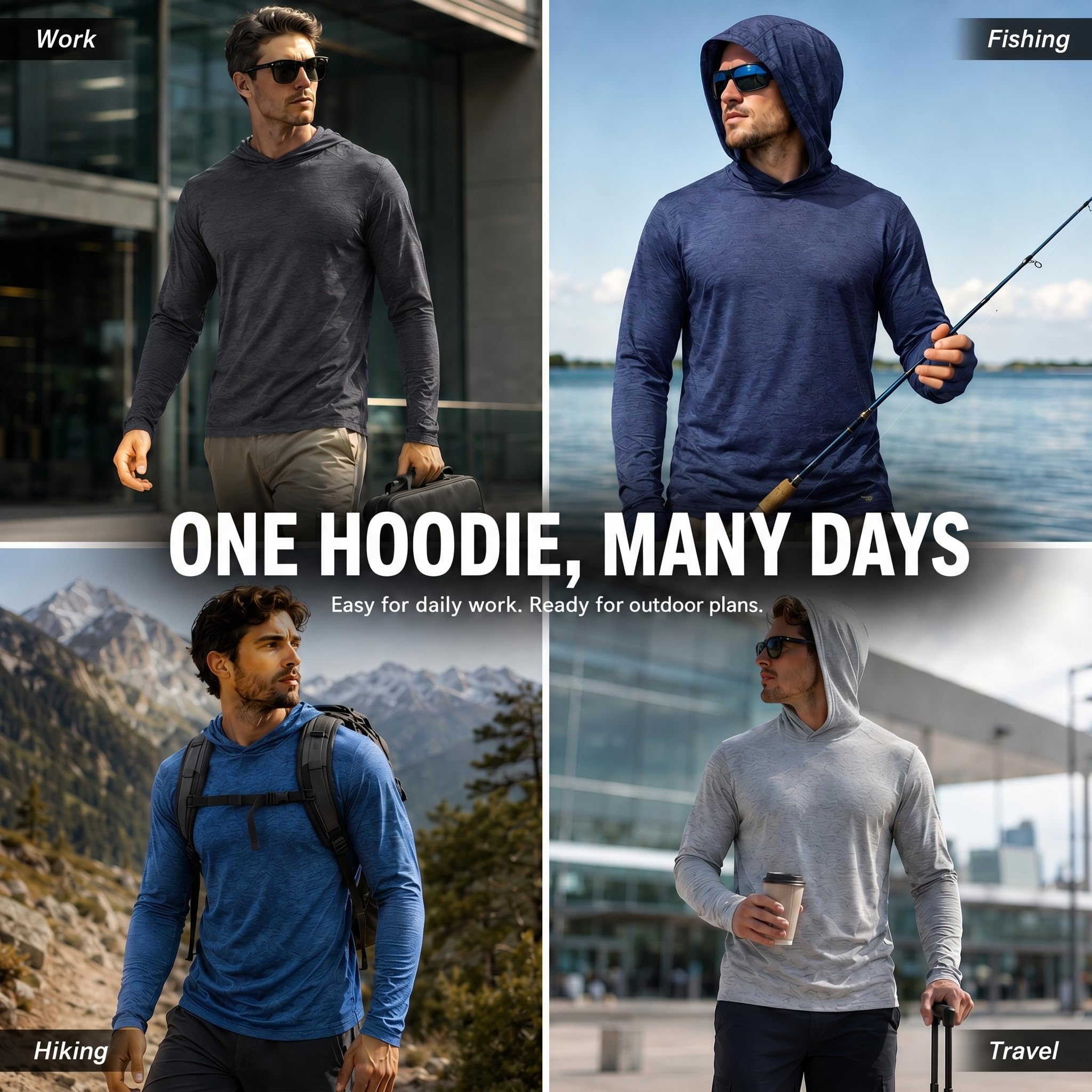 OYGSieg Sudaderas deportivas con capucha para hombre, camisas de pesca de manga larga para hombre, UPF 50+ SPF UV, camisetas de protección solar