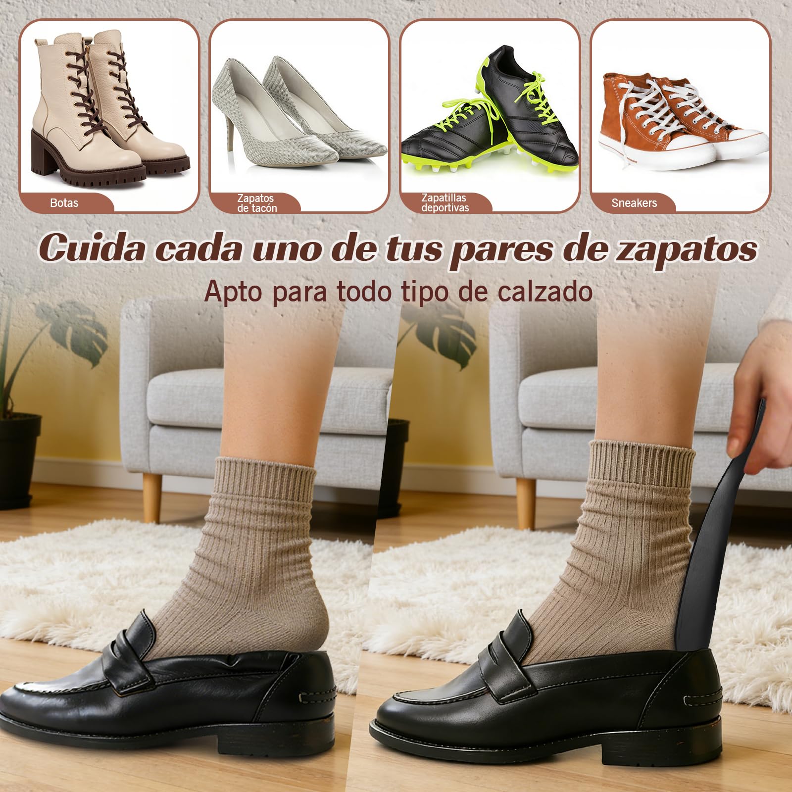 ZOMAKE Calzador de Zapatos 2 Piezas,42cm Largo Metalico Calzadores Negro para Personas Mayores con Correa Cuero,19cm Acero Inoxidable Shoe Horn Fácil de Utilizar(2 Piezas Negras A)