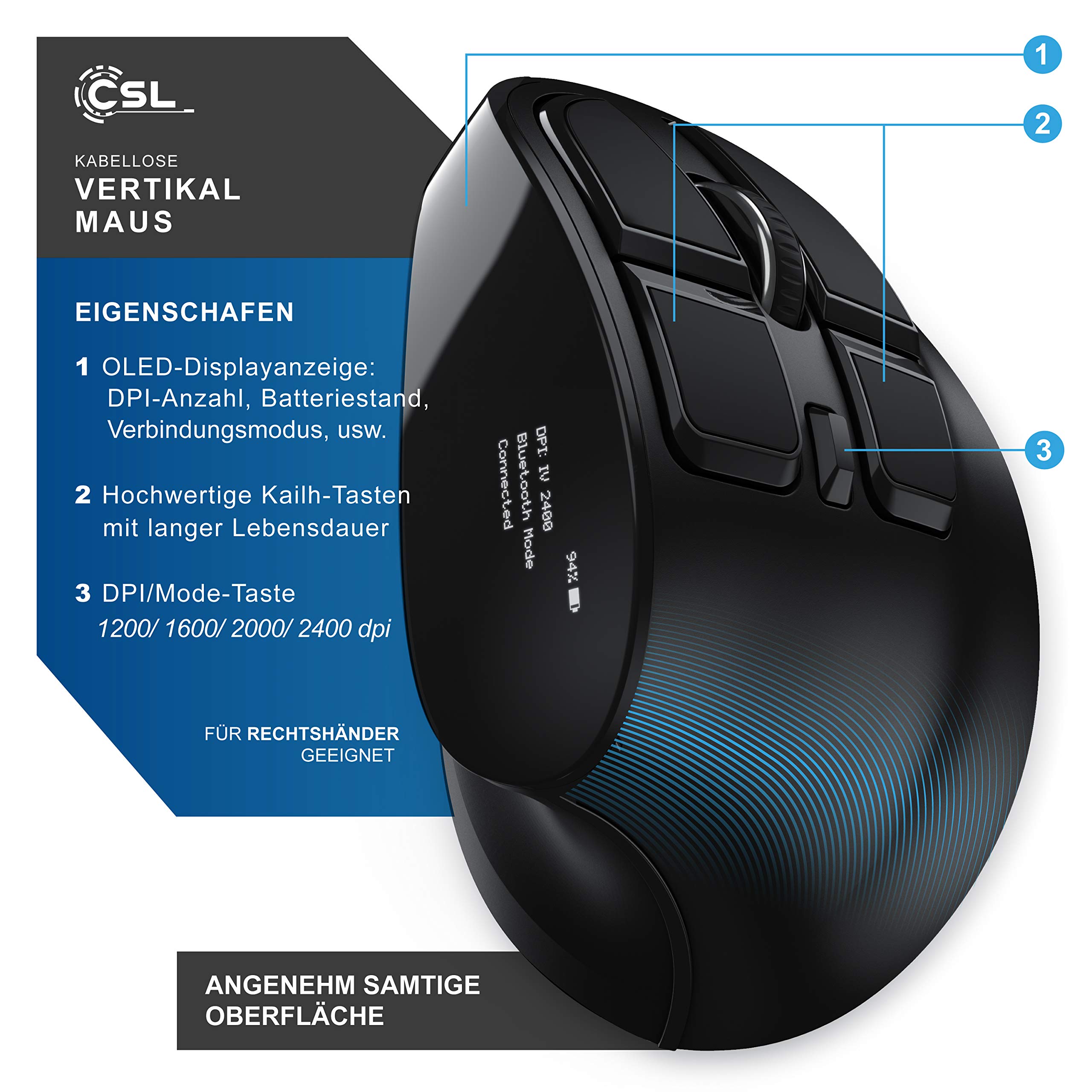 CSL - optische vertikale Maus kabellos - Wireless Mouse – Funkmaus mit OLED Display - 2,4 Ghz - gegen Mausarm - mit Kailh Switche - Vertikalmaus ergonomisches Design - programmierbare Tasten