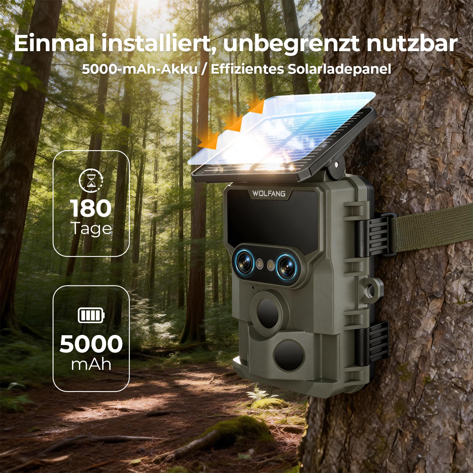 WOLFANG Wildkamera, 64 MP WLAN mit Handyübertragung-App, 4K Doppellinse Video Wildtierkamera mit Bewegungsmelder, Sternenlicht-Nachtsichtgerät, 64GB TF& 5000 mAh-Batterien 0,1 s Auslösezeit, IP66