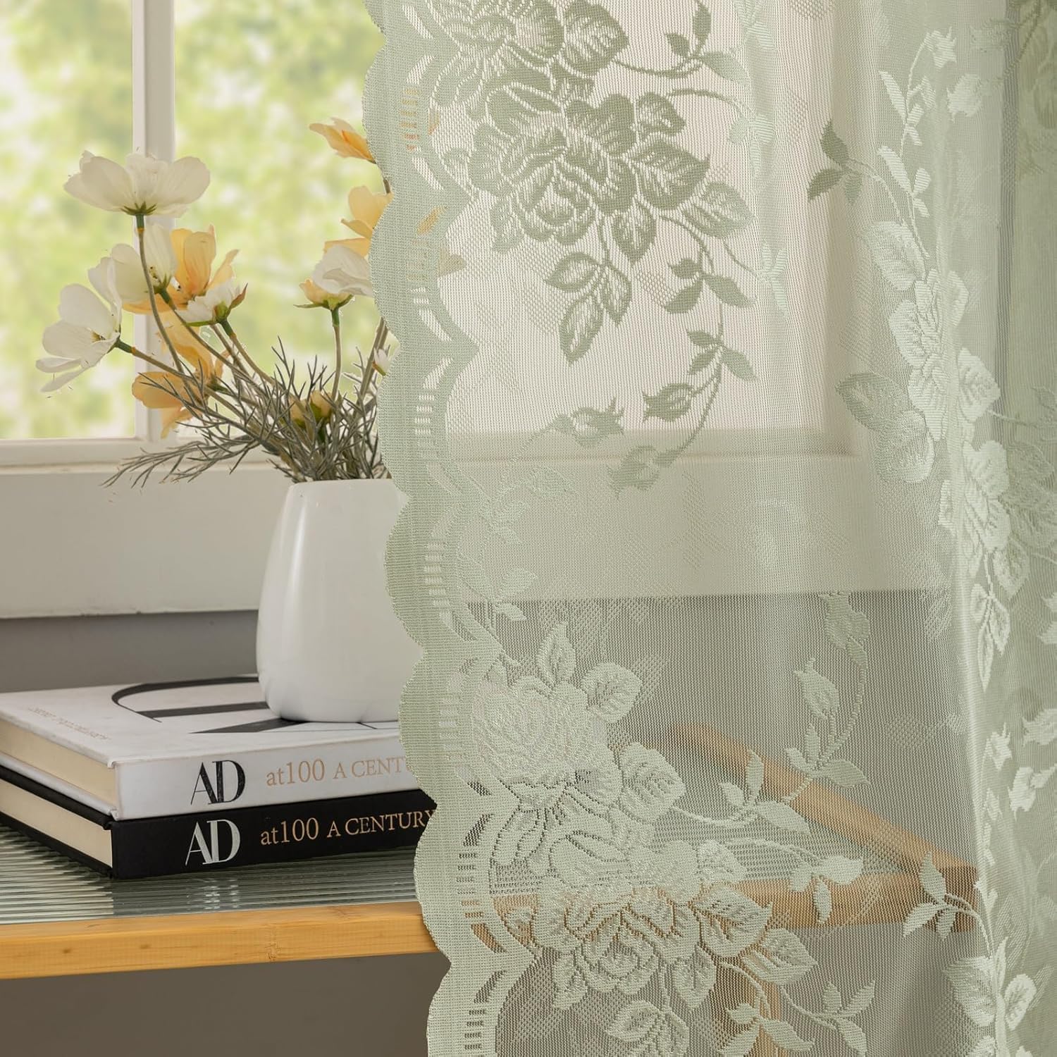 YJ YANJUN Sage Green Boho Floral Lace Sheer Curtains, 2 Panels, W52 x L45