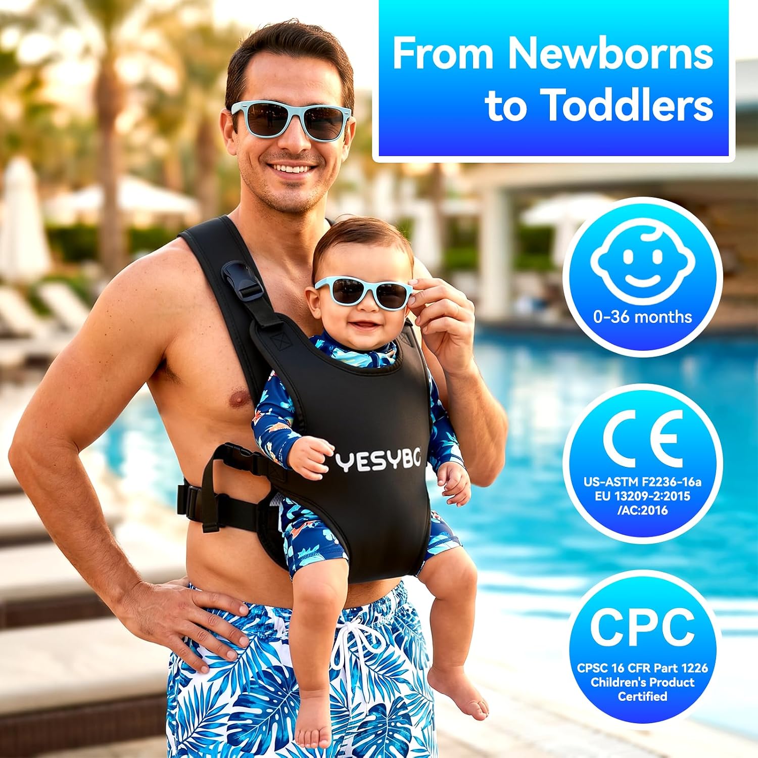 Baby Carrier for Water, 0-36 Months,13-33 lbs Portable Adjustable Baby Sling Support Infant Chest Holder Harness for Swimming Pool Beach Land, Black