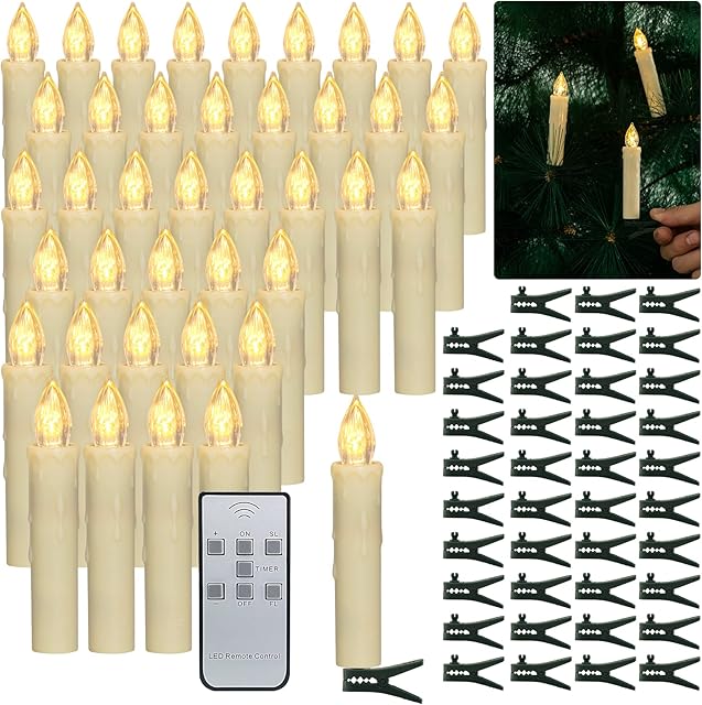 PChero Christmas Tree Candles, 40pcs LED Flameless Flickering Battery Taper Candles with Remote Timer / Removable Clips / Waterproof Rings for Home Party Indoor Outdoor Xmas Trees Decor  Warm White
