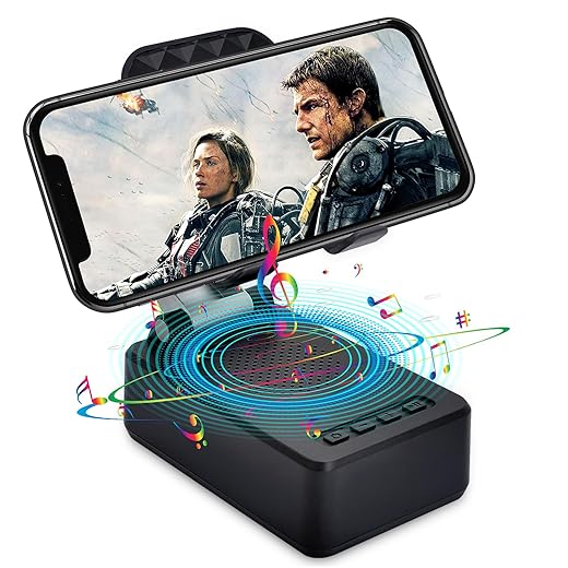 RSUARSUA Cell Phone Stand with Bluetooth Speaker HD Surround Sound Bluetooth Speaker Adjustable Phone Holder Gifts for Women Men Wide Compatible with Cell Phone and Tablet (A-Black)