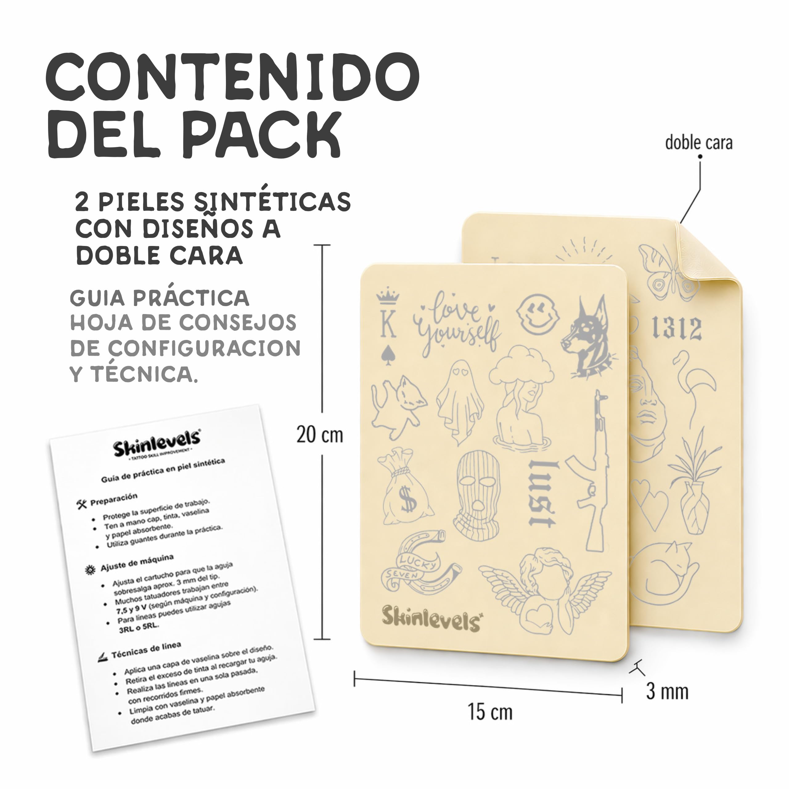 Pieles Sintéticas de Práctica para Tatuaje con Diseños Preimpresos – Pack Ignorant & Chiqui Tattoo – 4 Superficies Doble Cara 3mm – 20x15 cm – Sin Stencil – Practica Directamente