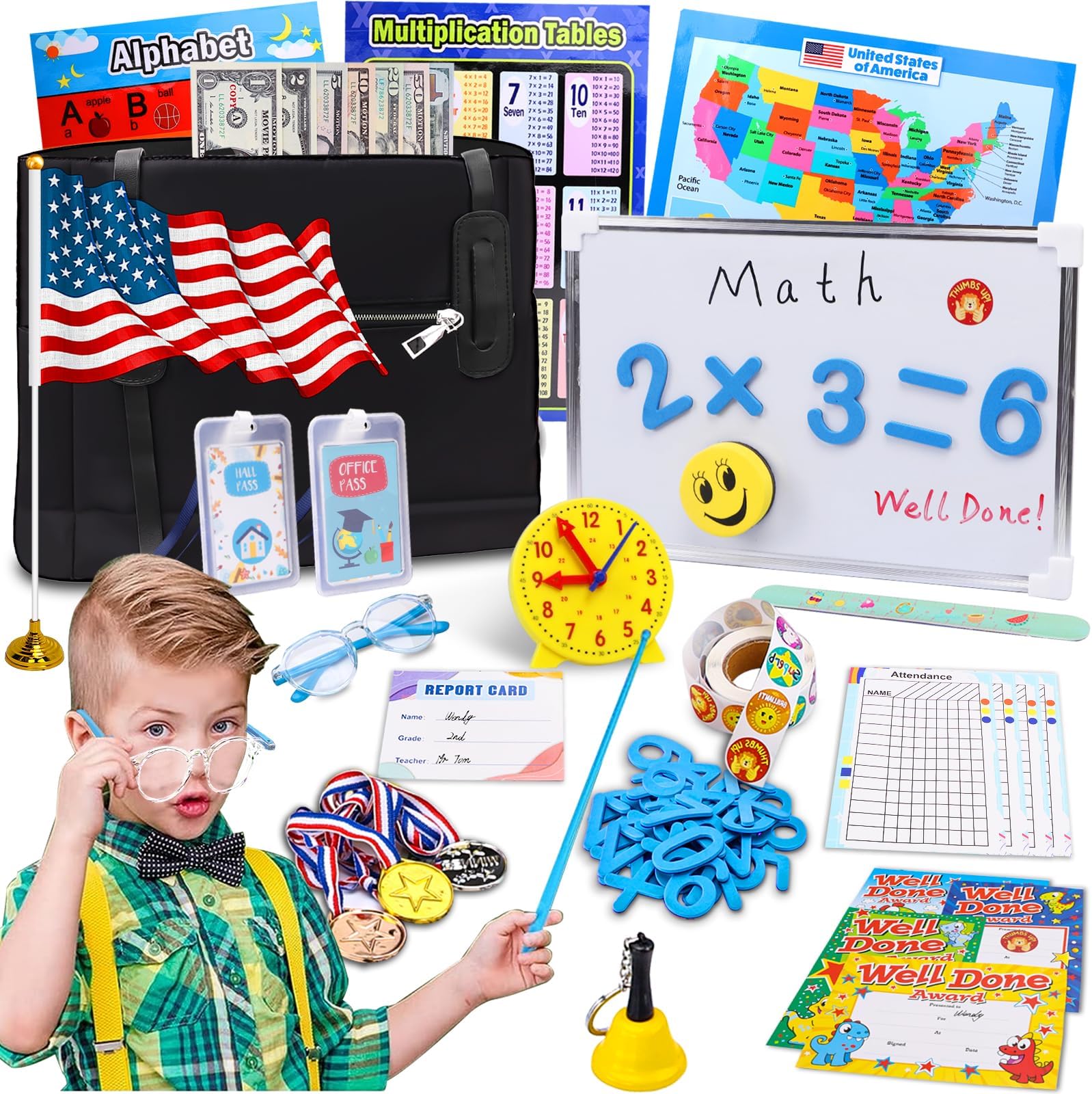 Jevou Pretend Play Teacher Set, Classroom Role-Playing Kit Interactive Play Learning Toys Teacher Gift Ideas for Kids