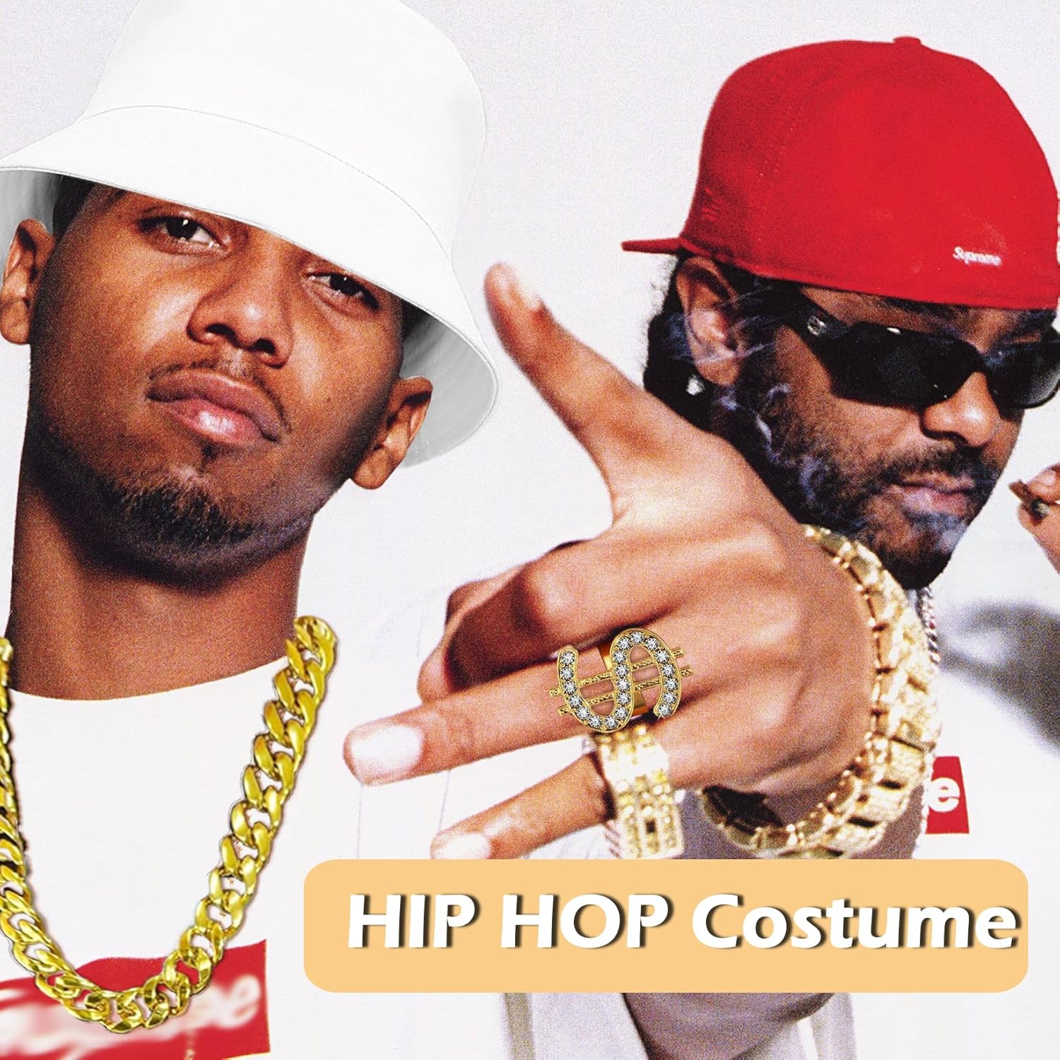 80 90s Accessories Outfit for Woman Hip Hop Costume Kit Old School Rapper Golden Chain Necklaec Big Hoops Jewelry - Image 2