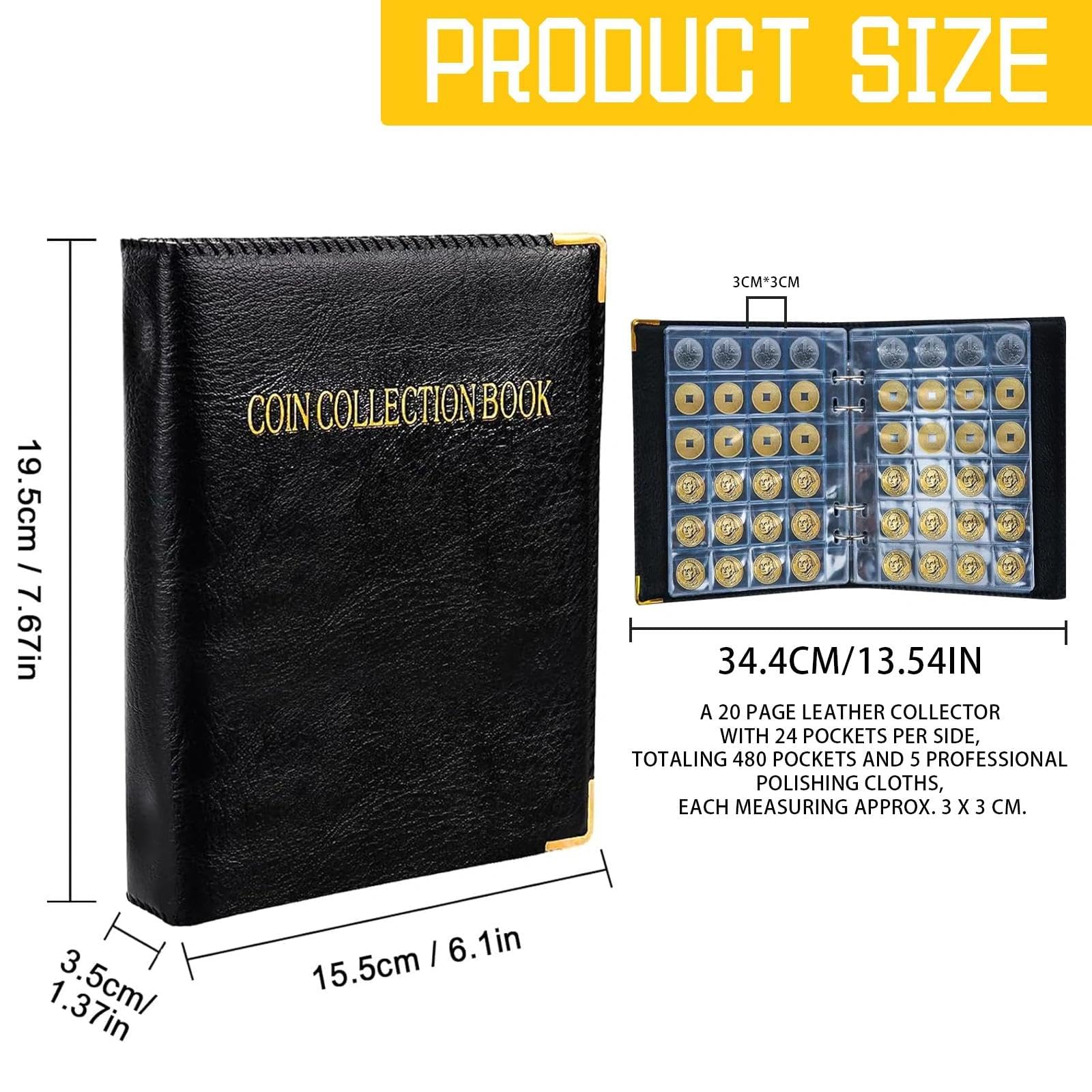 Eulihent Coin Collection Album with 20 Pages 480 Pockets Coin Albums Coins Collecting Book 3cm Coins Flip Folder Storage Book for Pounds Pence Cents Dollars Nickel (Black - Image 2