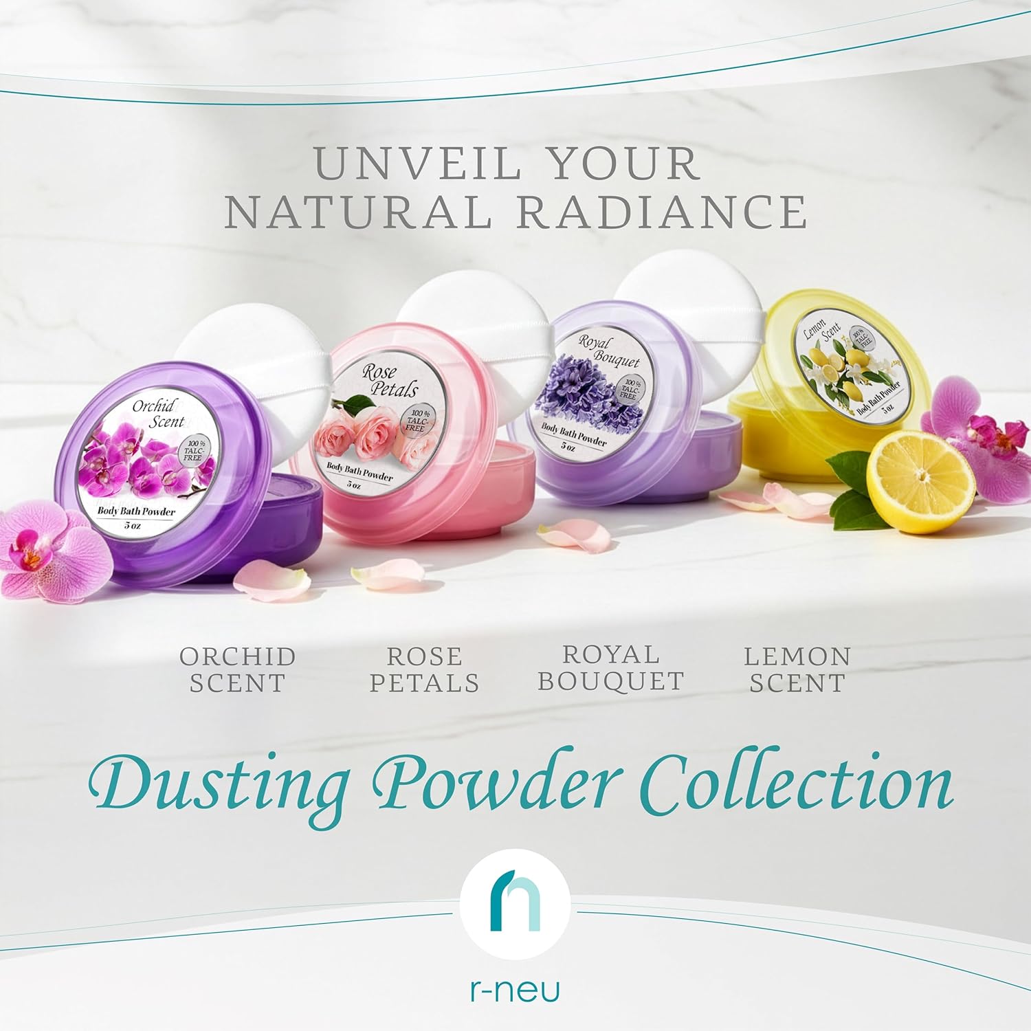 R-NEU Body Powder for Women with Powder Puff, 100% Talc-Free, Majestic Orchid Scented Dusting Powder, After Bath for Soft Skin, Extra Large, 2 Pack (10oz) - Image 7