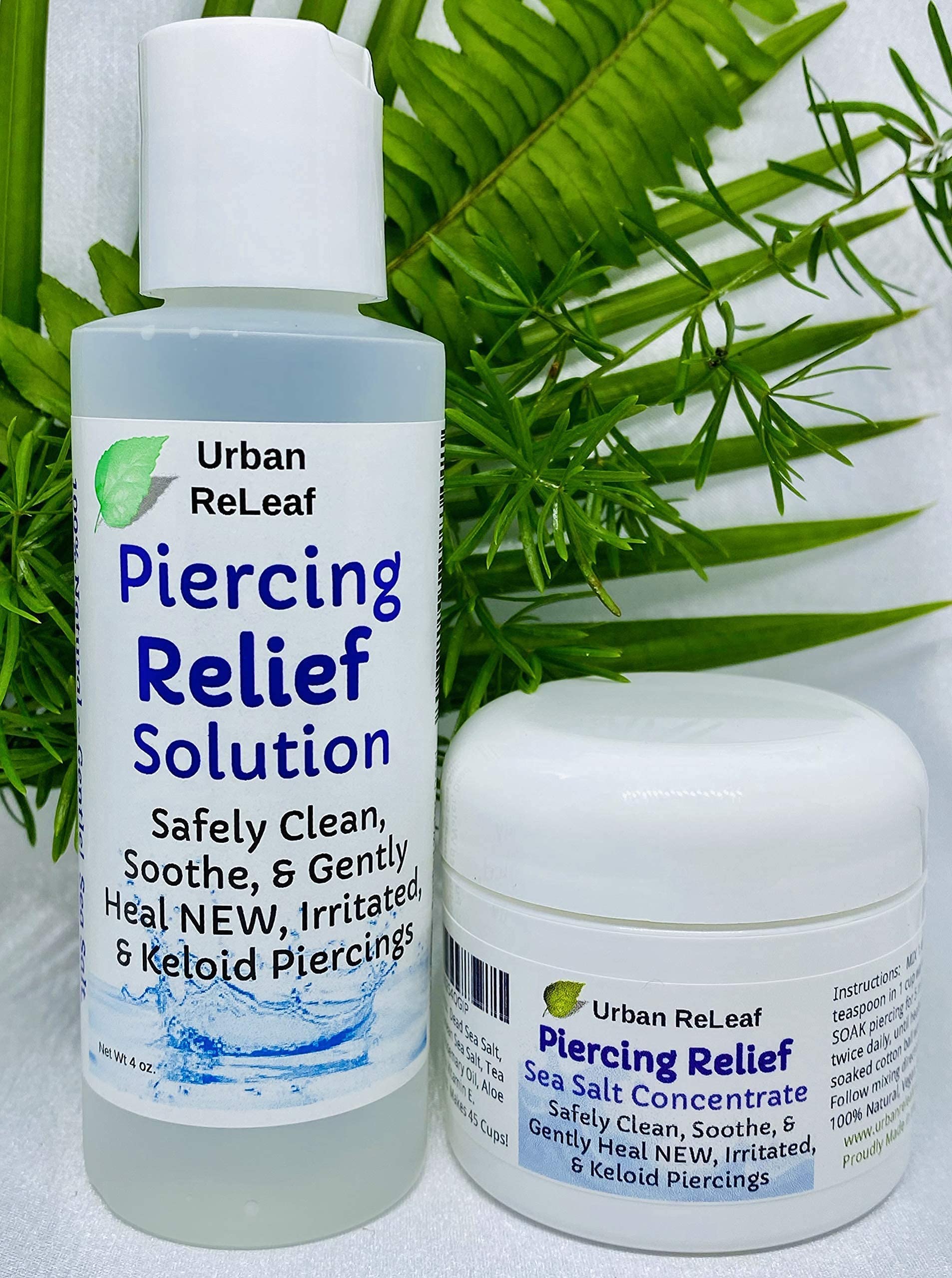 Set of Urban ReLeaf Piercing Relief Solution & Sea Salt Concentrate ! Gentle, Effective Aftercare and Refill Salts. Fast Help for Irritated, Bumpy, Fussy & Problem Piercings, 100% Natural Soothing
