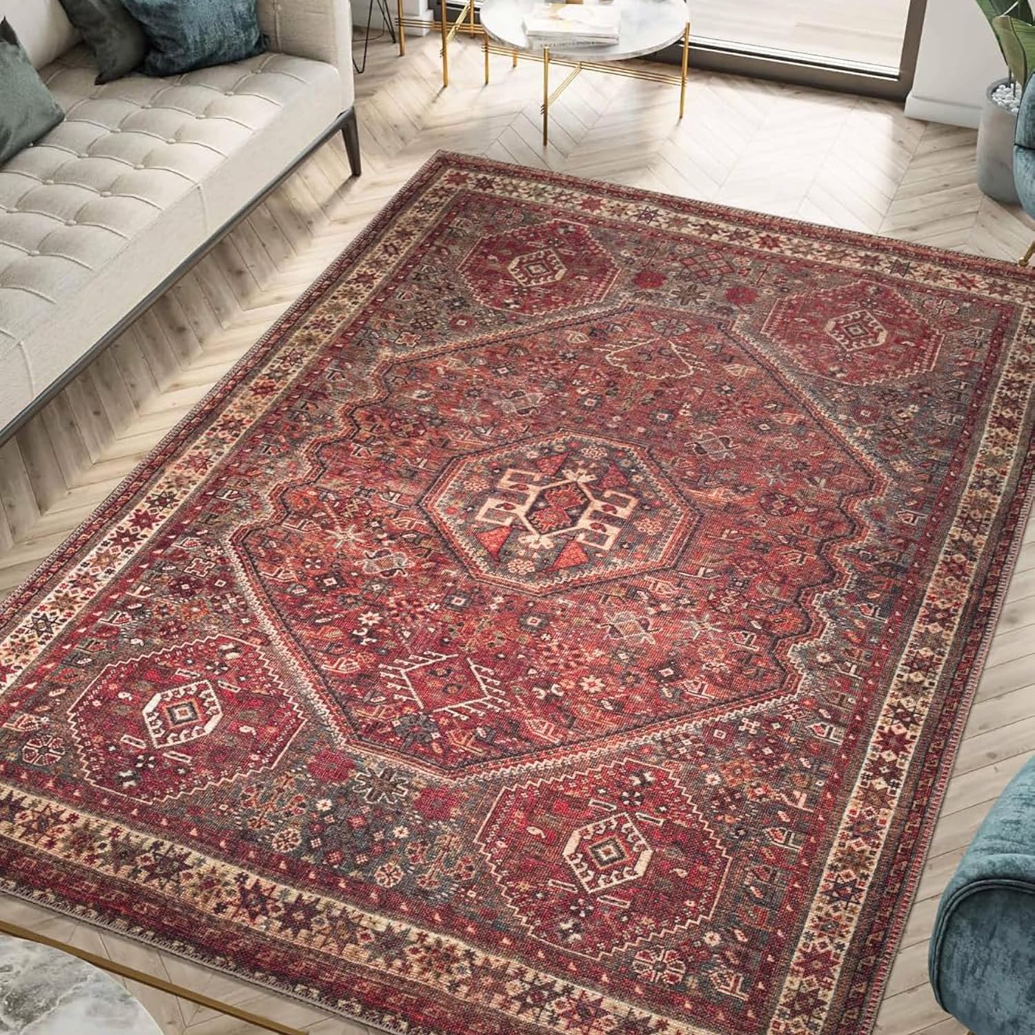 Tapis lavable antidérapant oriental rouge 150x150 cm sans glisse