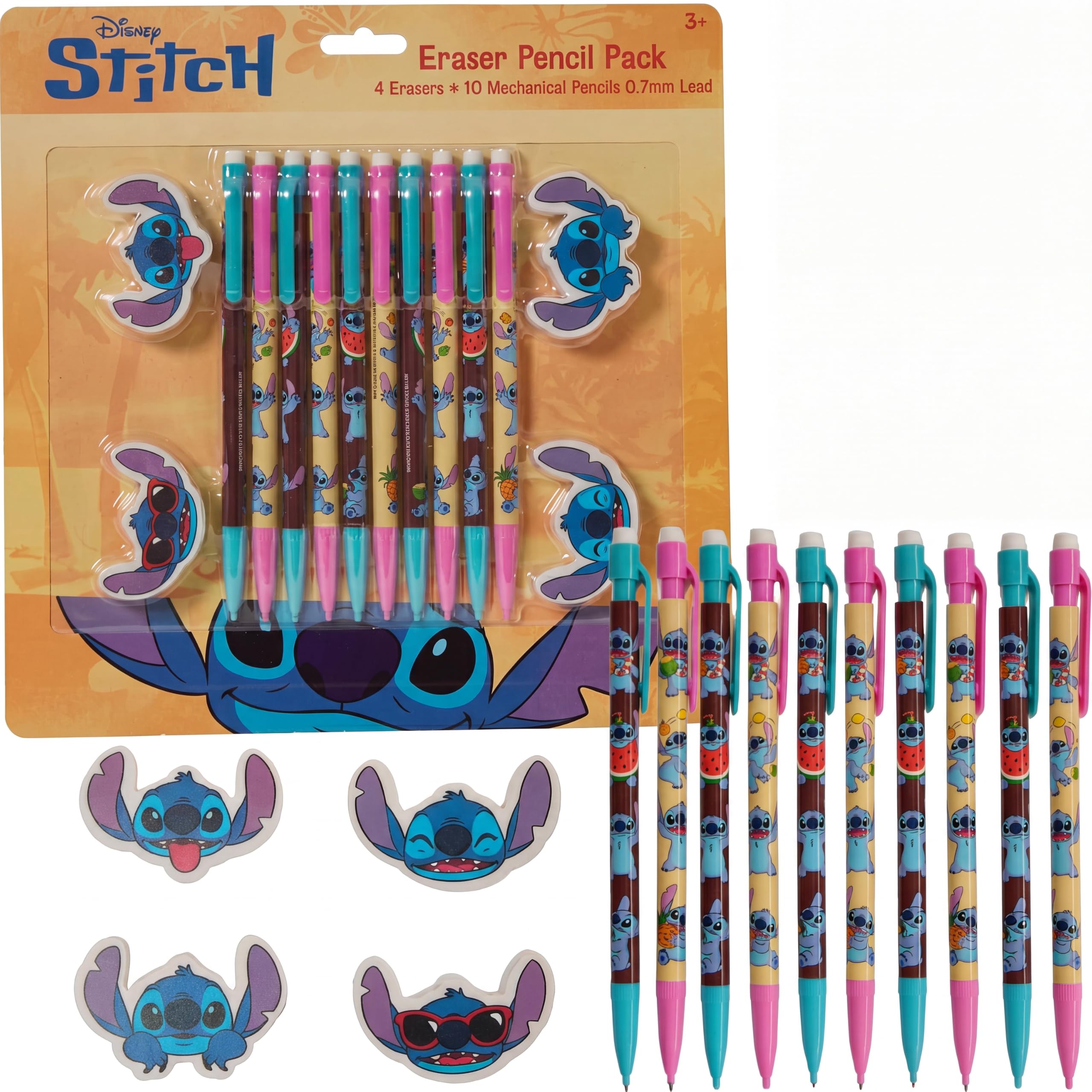 Disney Stitch Eraser & Mechanical Pencil Set – 14-Piece Stationery Pack with 4 Character Erasers & 10 Mechanical Pencils 0.7mm Lead