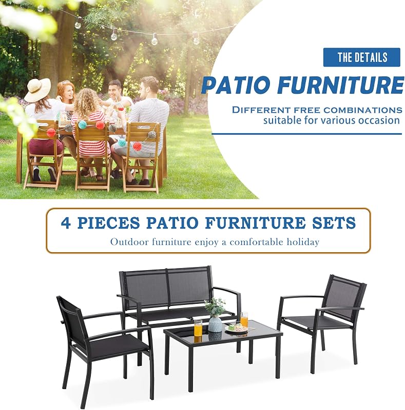 Vongrasig 4 Pieces Patio Furniture Sets,Outdoor Patio Conversation Sets with Glass Coffee Table, Small Porch Balcony Furniture, Patio Table and Chairs Set for Garden, Backyard (Black) image 6