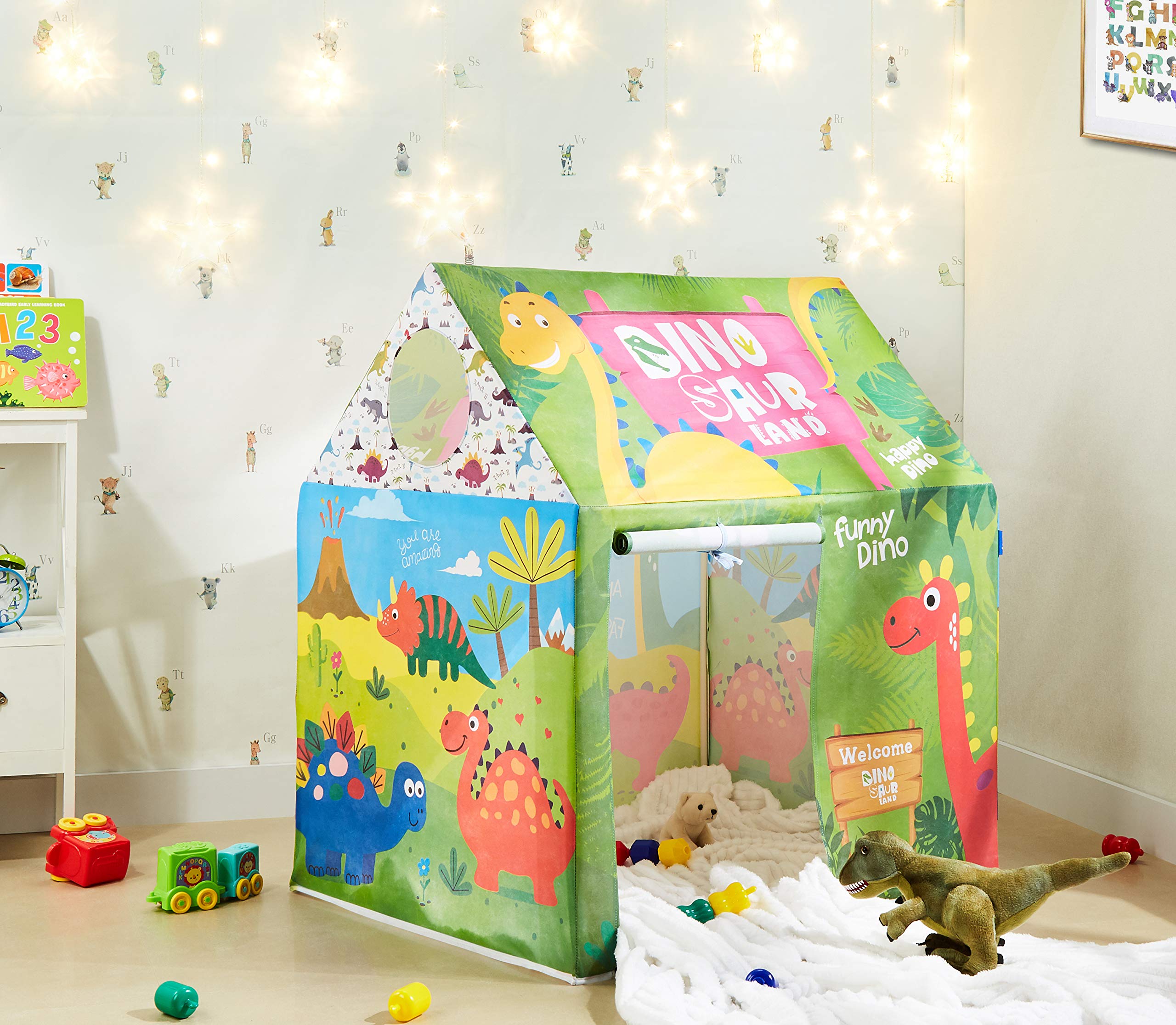 Amazon Brand - Jam & Honey Kids Tent House Dinosaur Theme for Boys & Girls 2+ Years, BIS Certified Safe,Indoor Outdoor Play Tent, Foldable Playhouse,Multicolour 1