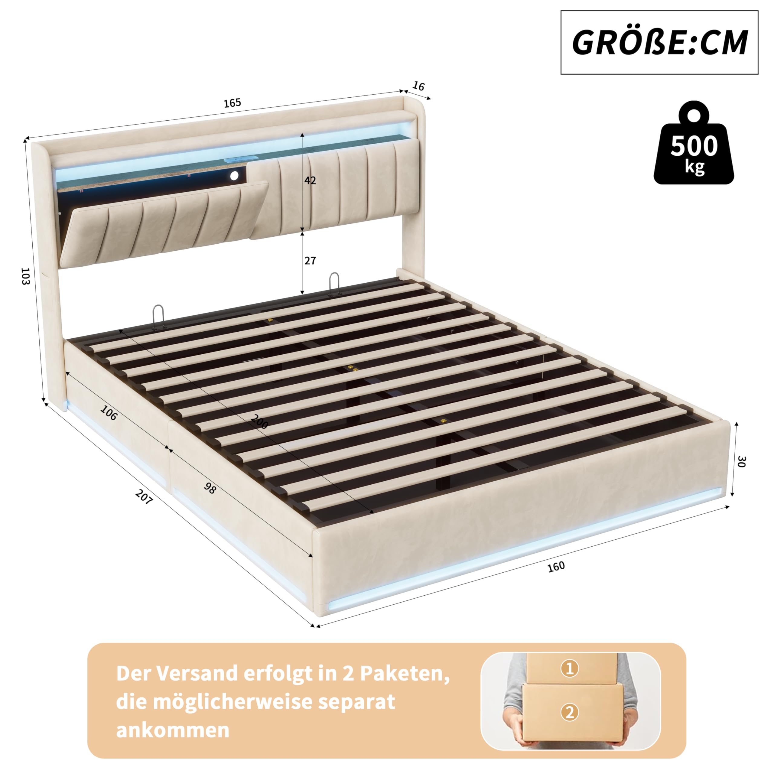 Letto matrimoniale 160 x 200 con luci a LED, letto imbottito con stoccaggio e caricatore letto con USB e luce LED telaio per letto idraulico con testiera in velluto (B velluto beige, 160 x 200 cm)
