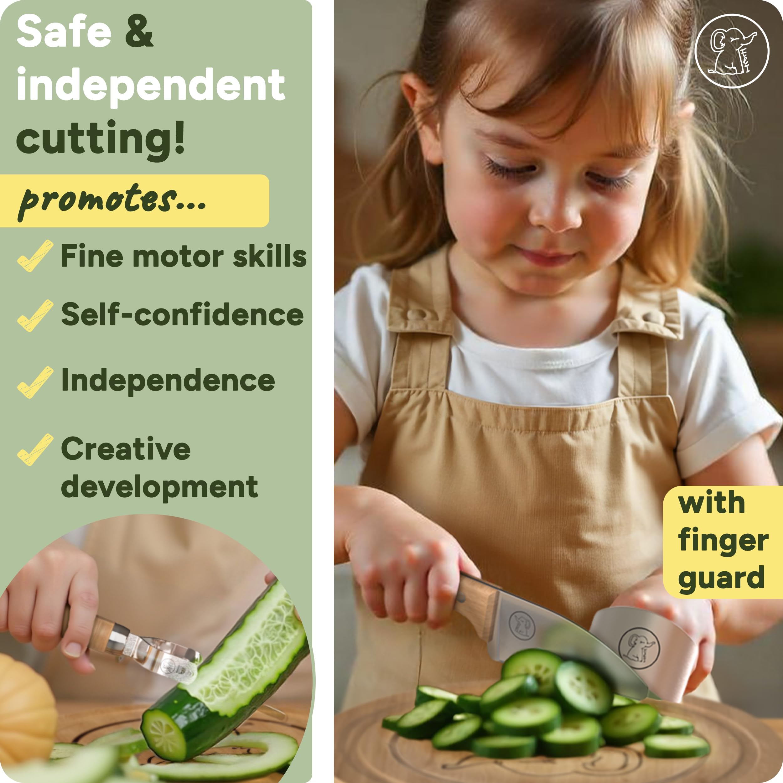 Eli® Cuchillos para niños - juego de cuchillos de cocina para niños seguro y de 5 piezas - incluye protector de dedos - pelador - tabla de cortar - acero inoxidable
