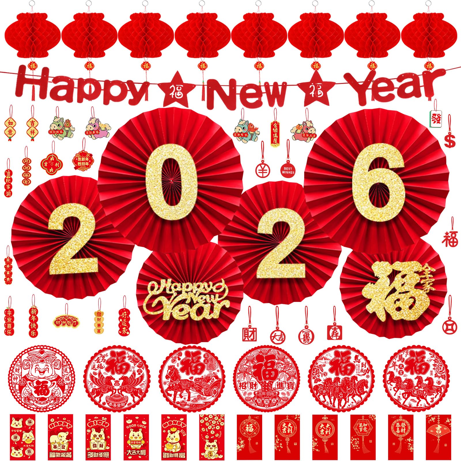Chinese New Year Decorations 2026 Spring Festival Hanging Ornaments Paper Fans Red Lantern Happy New Year Banner Red Envelopes Chinese Fu Character Stickers for Lunar New Year Decorations