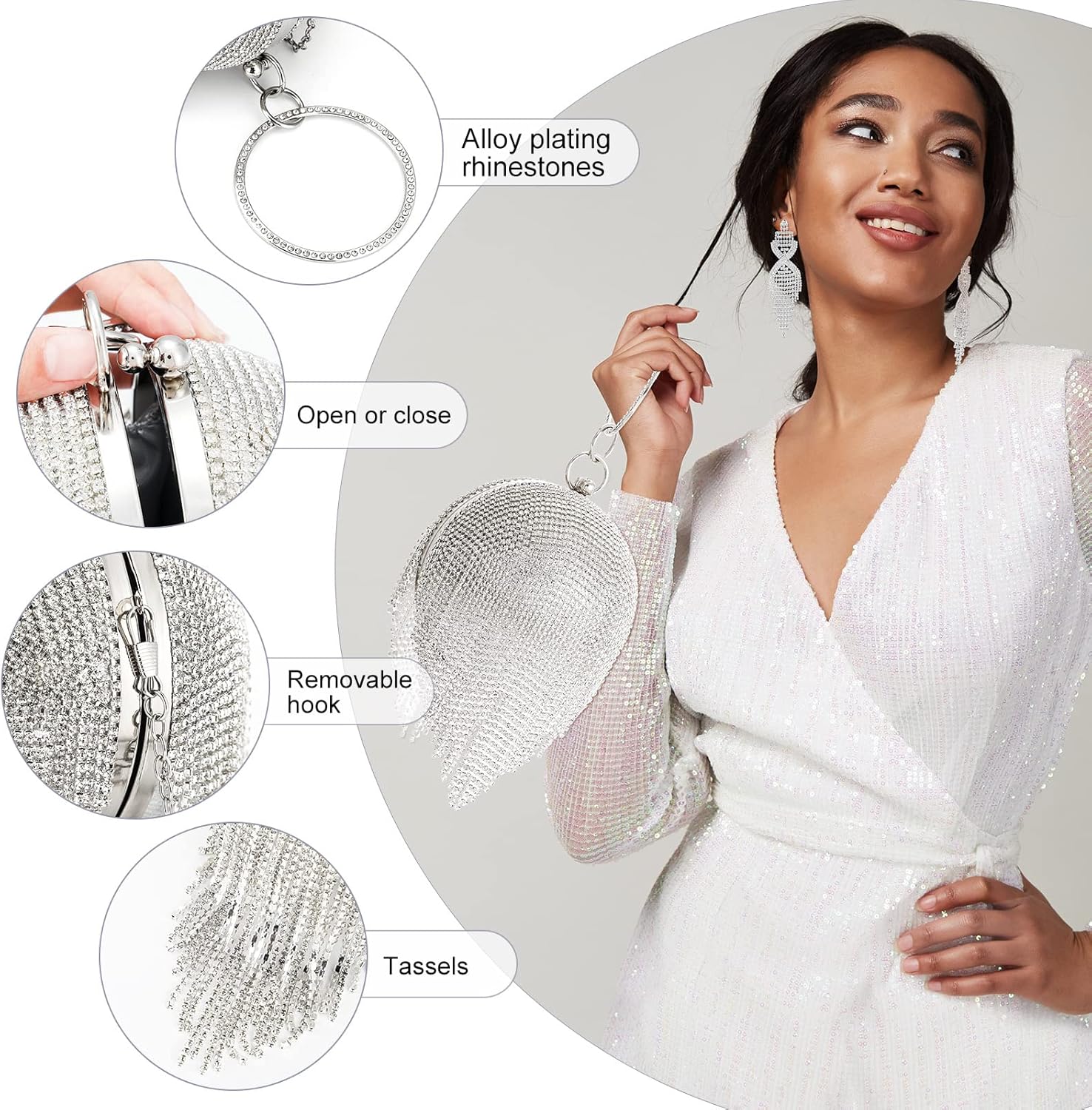 Saintrygo 3 Pcs Silver Clutch Purses for Women Evening Bag Rhinestone Jewelry Set Diamond Bling Earrings Elastic Bracelets Round Diamond Purse Rhinestone Bag for Wedding Disco Costume Party Gift - Image 3