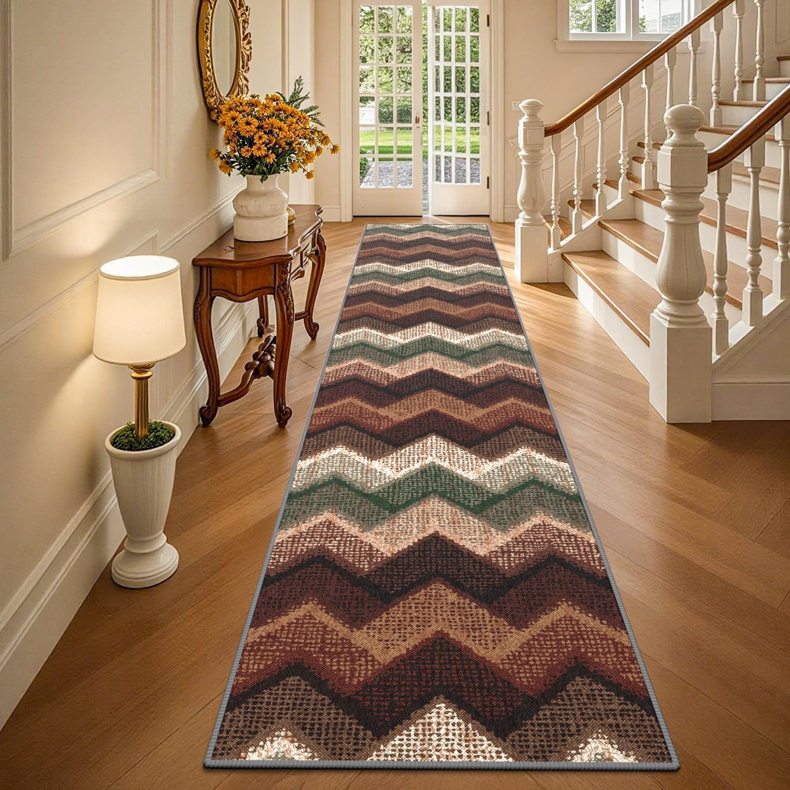 TUKDAK Boho Runner Rugs for Hallway Non Slip 60x300cm, Geometric Washable Kitchen Carpet Runner, Bohemian Long Hall Rug for Entryway Bedroom Laundry Living Room, Low Pile Non Shedding, Brown Green — image 1