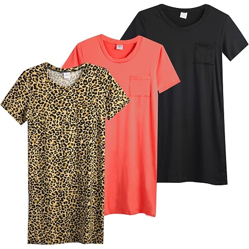 Real Essentials 3 Pack: Women's Nightshirt Short Sleeve Soft Nightgown Sleep Dress With Pocket (Available In Plus Size)