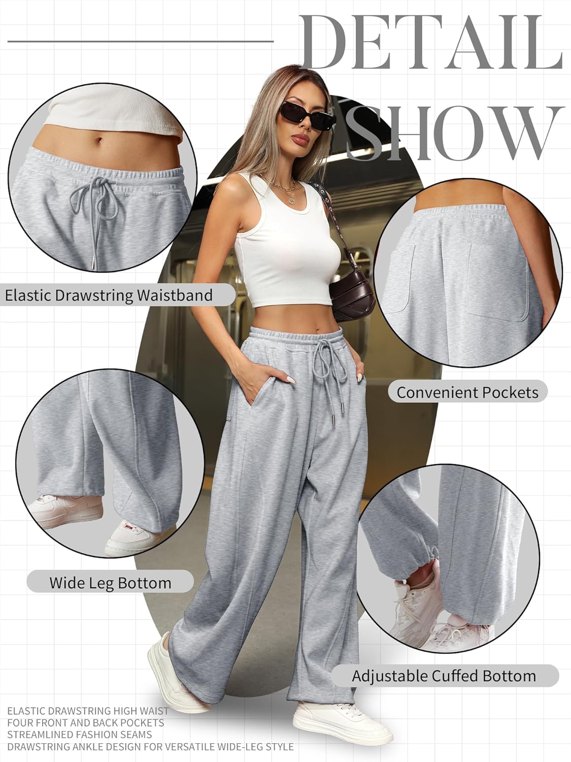 ELLEVEN Women's Y2K Wide Leg Sweatpants - High Elastic Waist Baggy Pants with Pockets & Adjustable Ankle Drawstring Cuffs - Image 5
