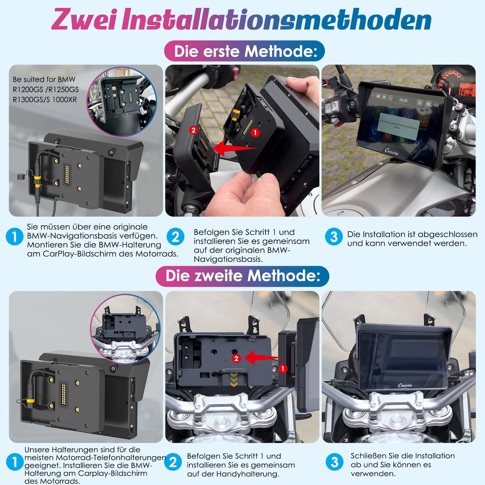 Carpuride W502B Écran Carplay pour BMW Moto R1200GS R1250GS S1000XR, écran Tactile étanche de 5 Pouces, Navigation GPS Portable Carplay/Android Auto pour Motos, Double Bluetooth