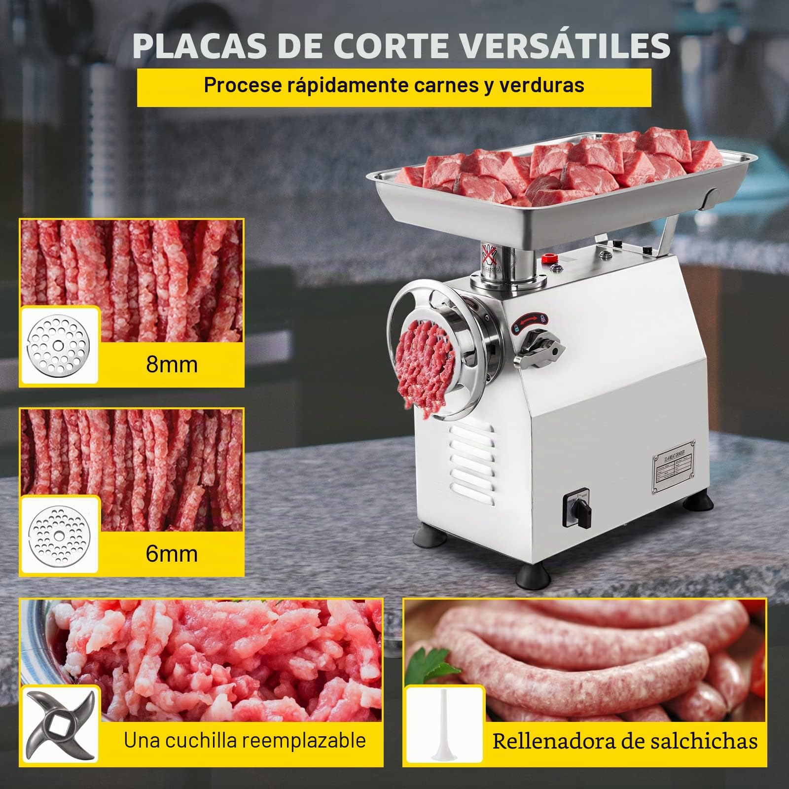 Happybuy Picadora de Carne Manual y Eléctrica 2200W - 350 kg por Hora - Fabricante de Salchichas - Uso Comercial para Restaurantes, Supermercados y Carnicerías