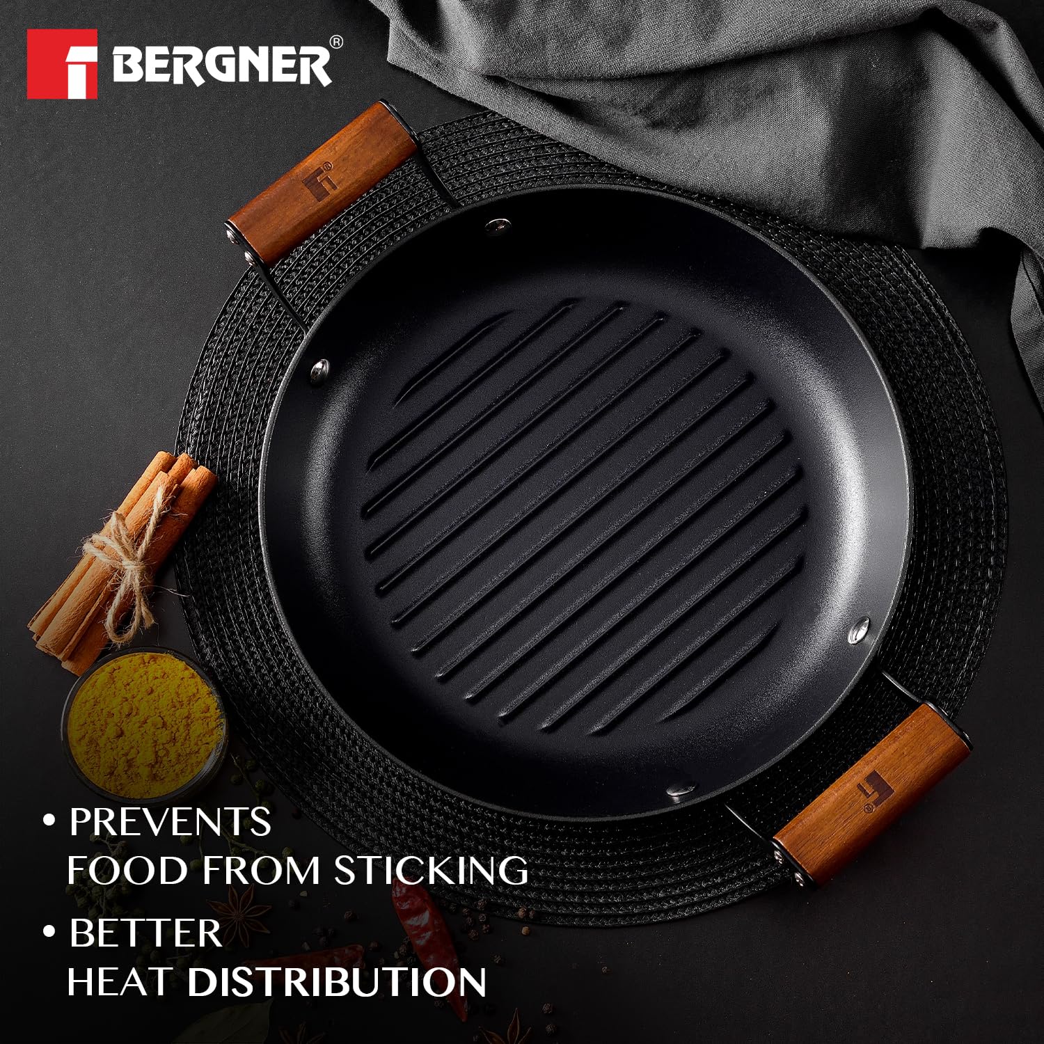 BERGNER Odin 28 cm Cast Iron Grill Plate, Round Grilled Plate with Wooden Coated Handle, for Barbeque/Tikka/Kebab/Skewer/Sandwich/Babeque/Grilled Wrap, Rust Proof, Induction and Gas Stove Ready 1