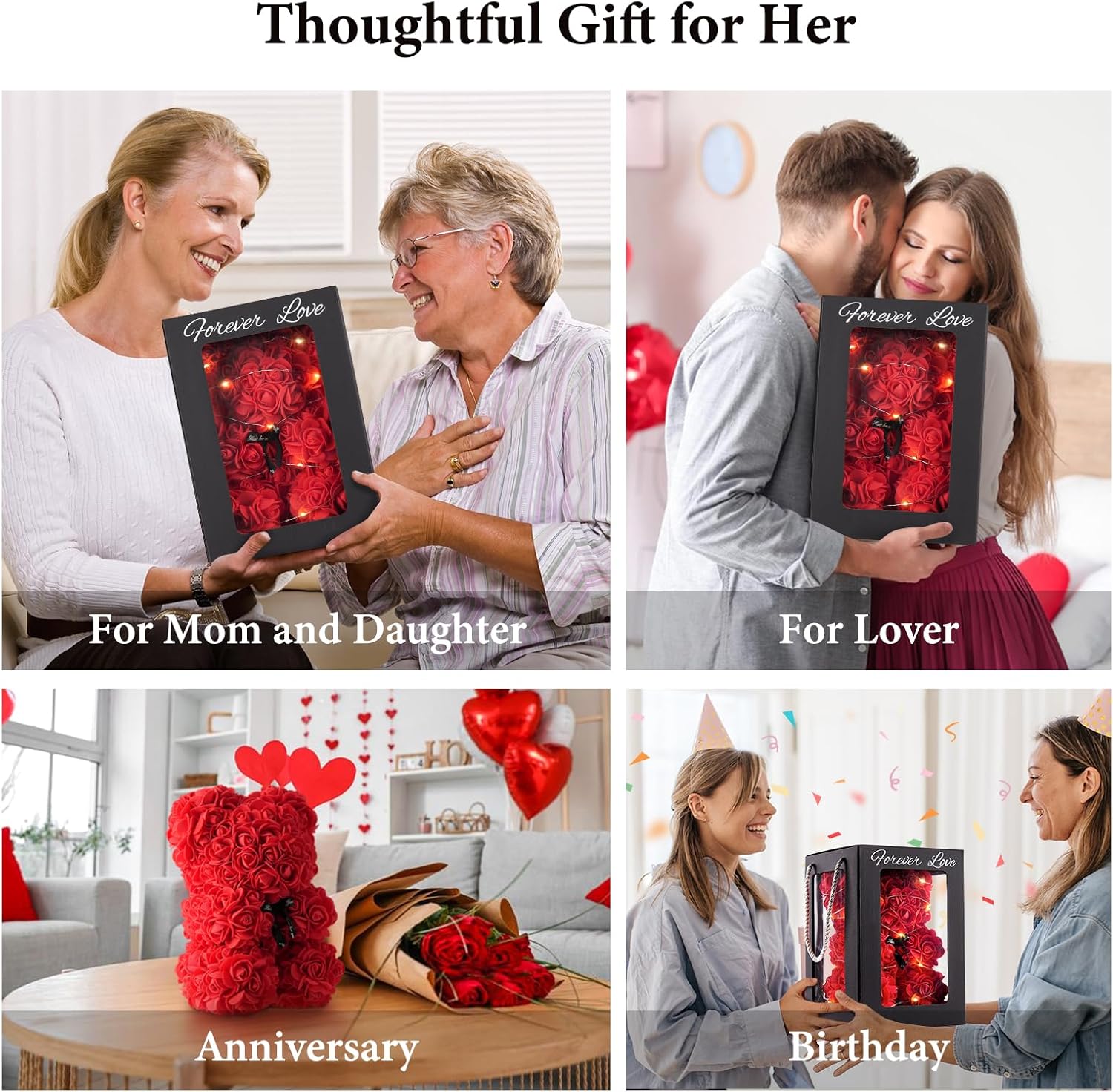 MACTING Rose Bear for Valentines Day Gifts 10 Inch Red Flower Teddy Bear with Lights Box I Love You Necklace Card Balloon Birthday Mothers Day for Girlfriend Mom Wife Women - Image 7