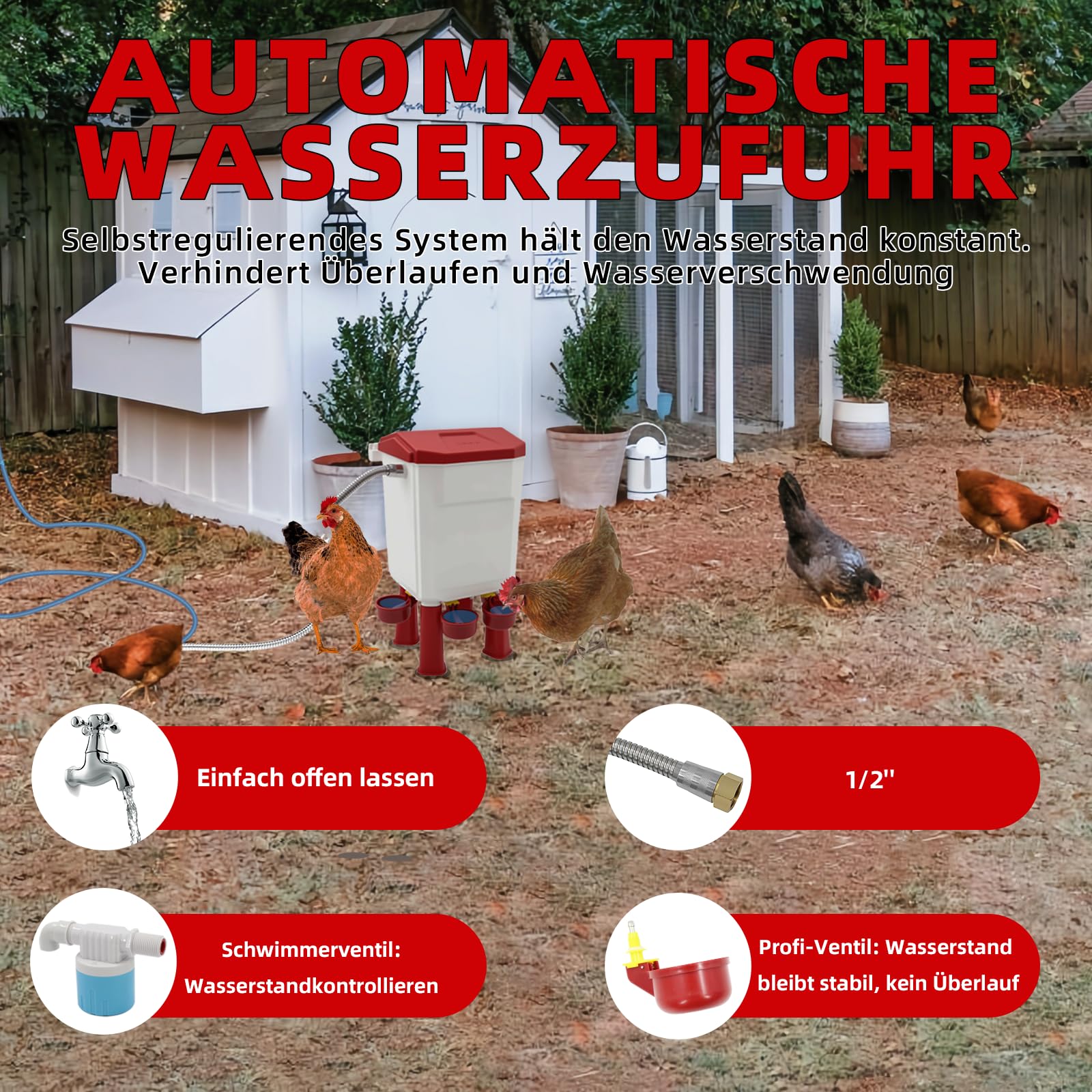 7-Liter-Automatiktränke, freistehende Hühnertränke Geflügeltränke für Enten und Gänse, hängende Schwerkraftfütterung, Hühnerzuchtzubehör, inklusive Zubehör