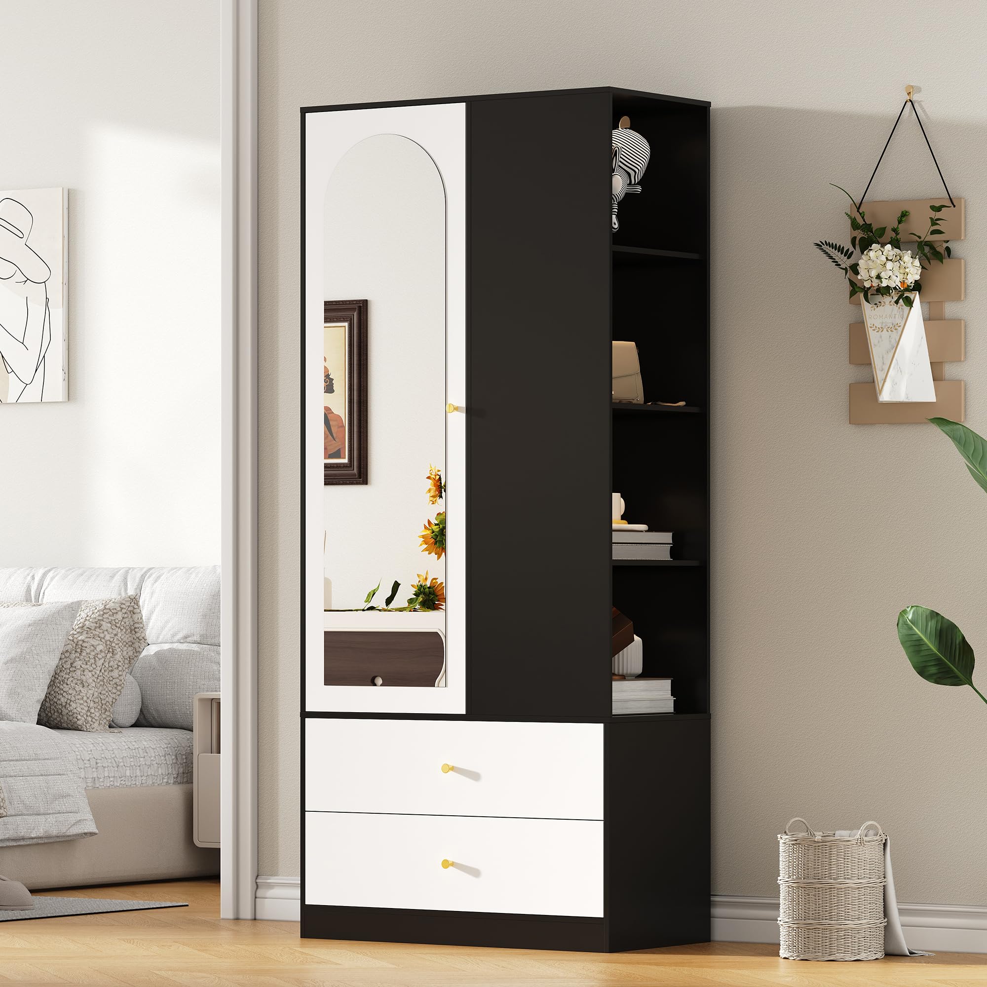Armario con espejo y una puerta. Perchero moderno con 2 cajones y 4 estantes, ideal para almacenamiento versátil en el dormitorio. Blanco+Negro, Dimensiones: 80 x 40 x 180 cm