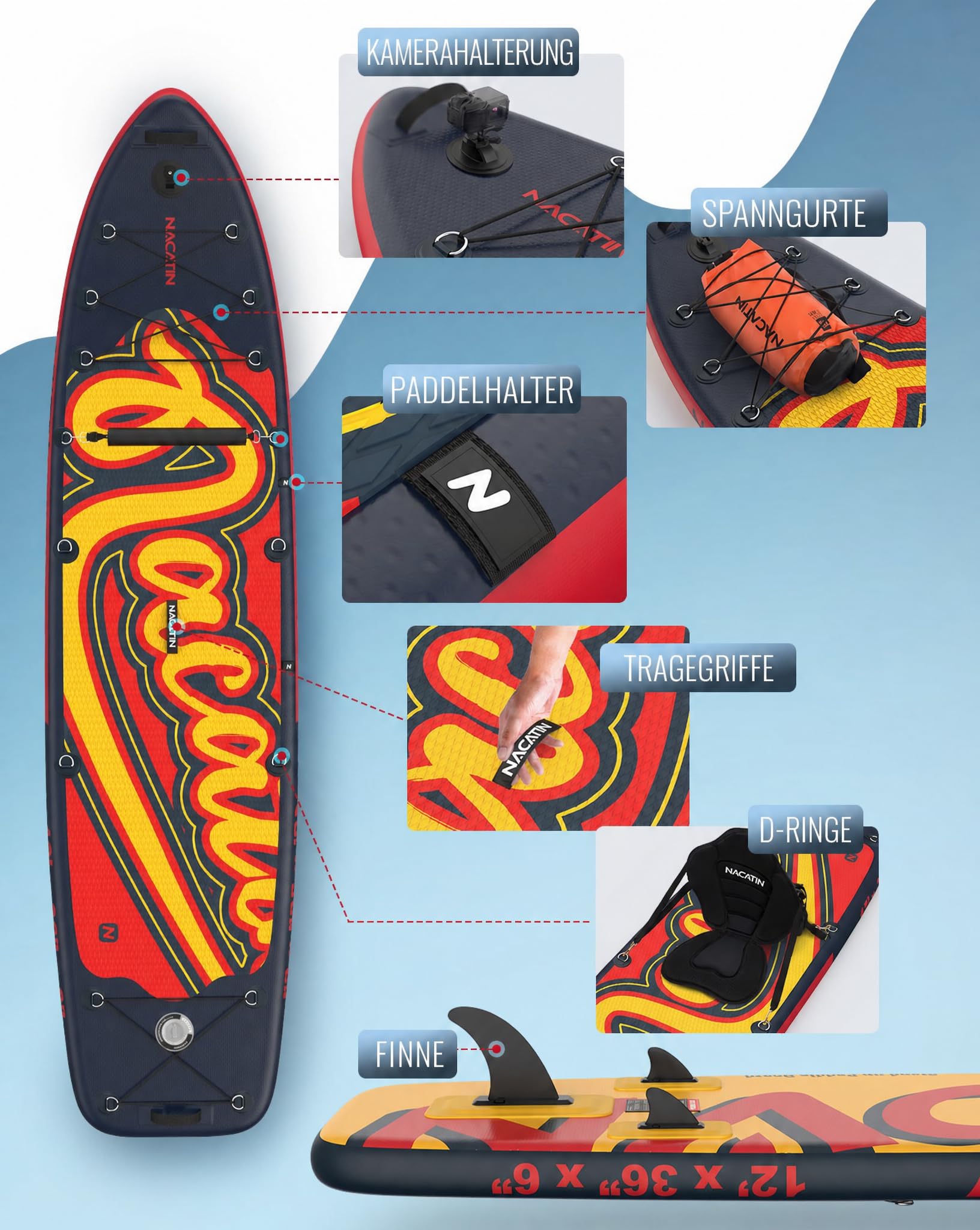 NACATIN 366cm (12ft) aufblasbares SUP Board mit Sitz, breites 91cm (36in) Stand Up Paddling Board für Erwachsene & Familie, mit Einzel-/Doppelpaddel, Kajaksitz, stabiles breites Deck für Anfänger