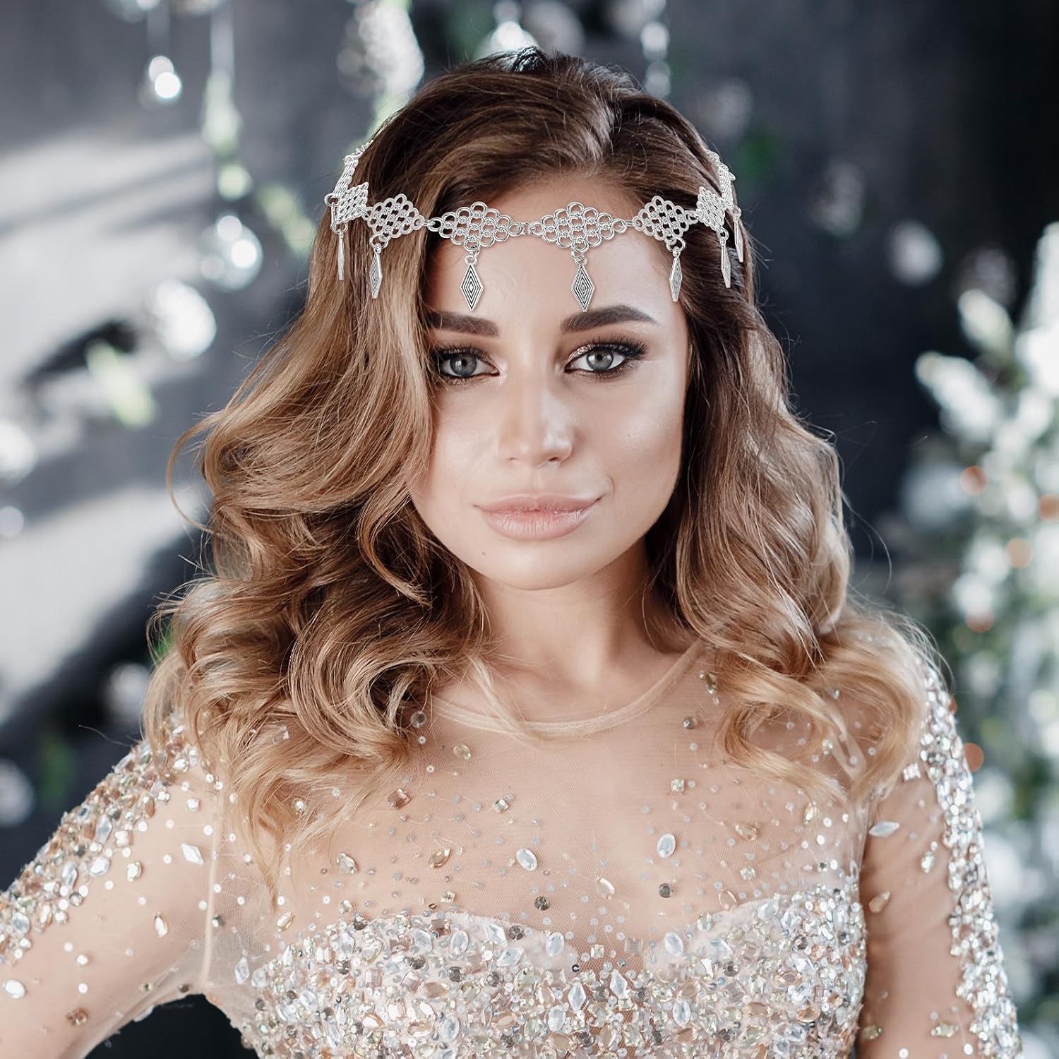 Uonlytech Silver Alloy Hair Accessory for Women Featuring Unique Design and Comfortable Fit, for Travel and Parties, Versatile Female Head Jewel Decoration and Party Hair Chain