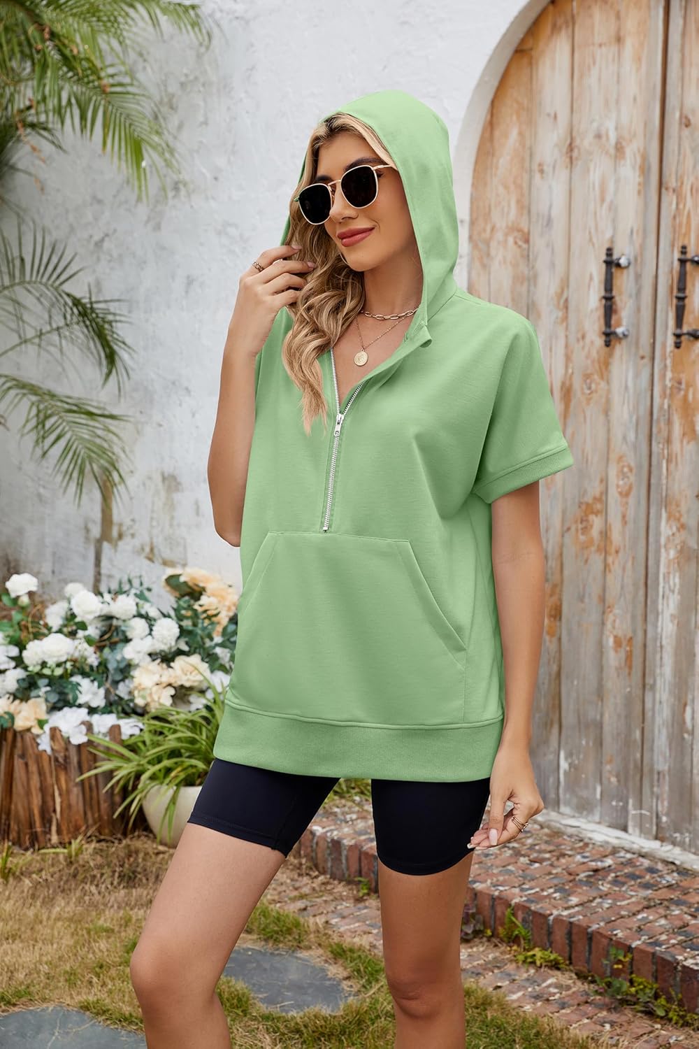 Women Summer Hoodies Shirt Short Sleeve Half Zip Loose Fit Oversized Plus Size Tunic Top Spring Fall - Image 4
