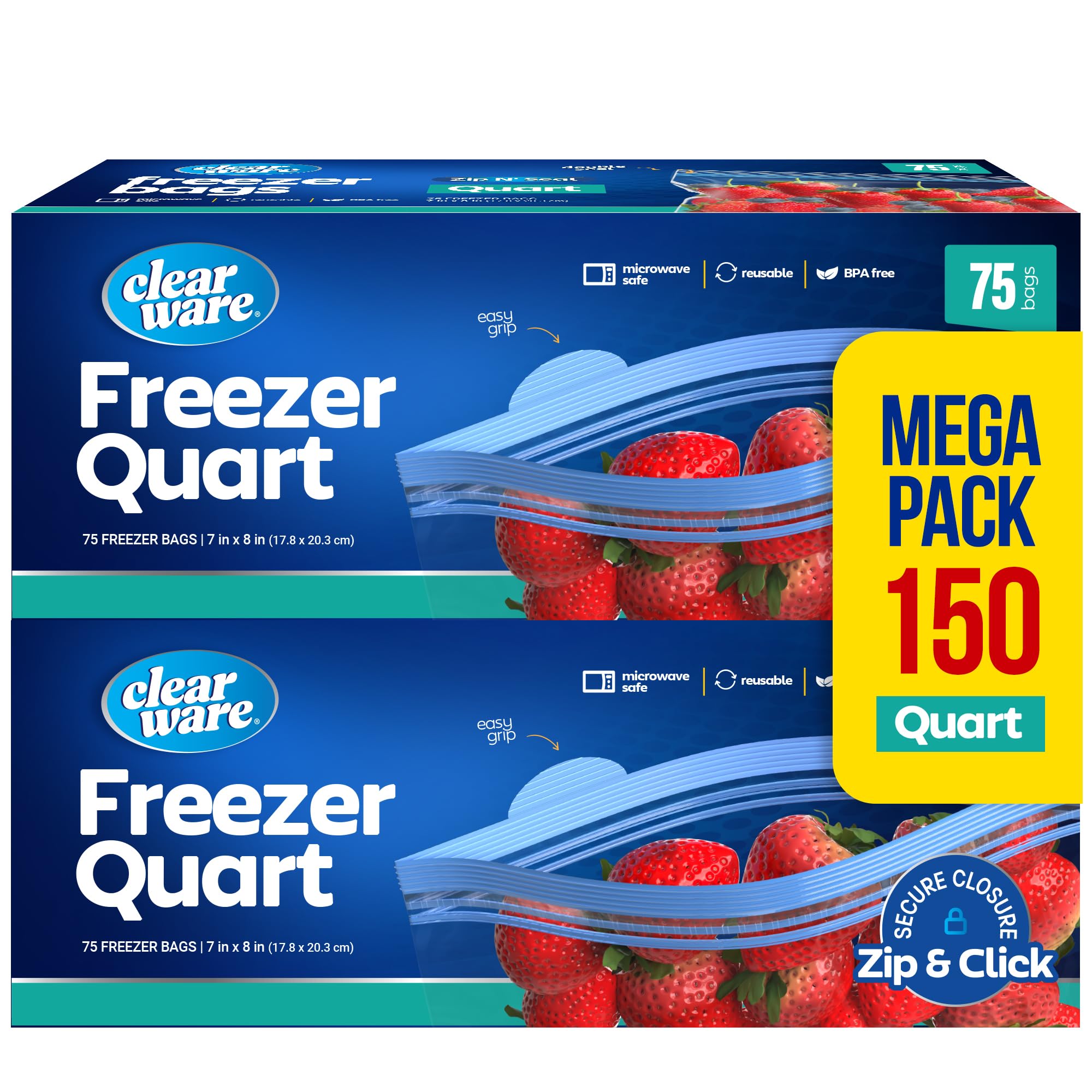 Quart Freezer Bags - Double Zipper Seal -150 Count, (2 Packs of 75) Resealable Plastic Freezer Containers - Reusable Pouches for Food Storage, Meat,