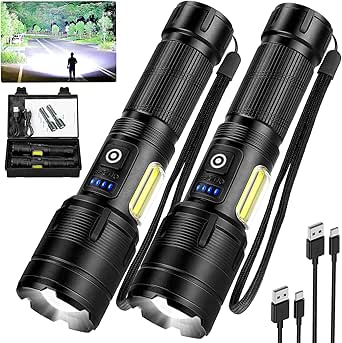 Rechargeable Flashlights Adjustable Focus High Lumens, 990000 Lumens with 7 Lighting Modes, IPX7 Waterproof Handheld for Home, Camping, Hiking and Emergency, 2-Pack