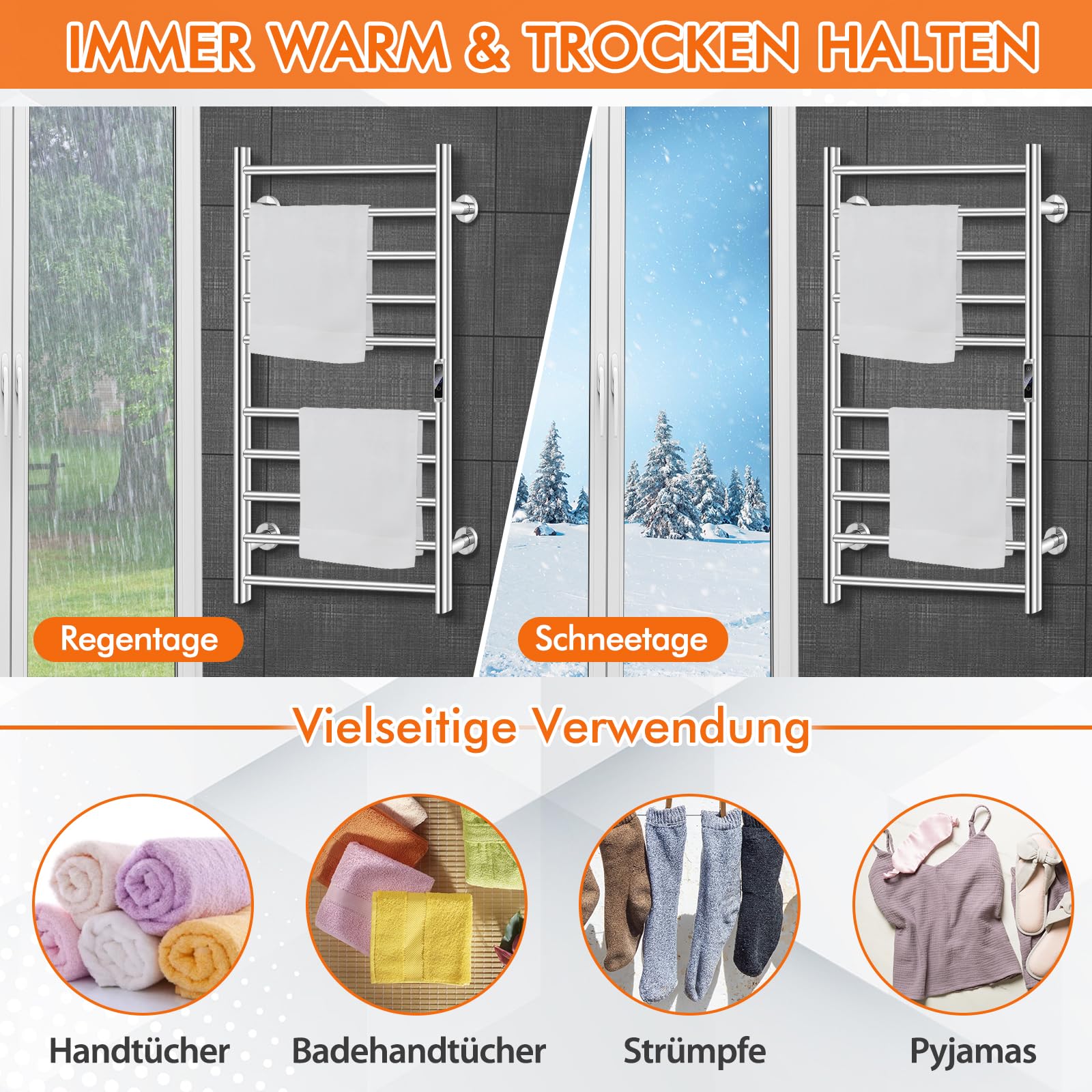 COSTWAY Handtuchwärmer Elektrisch 120W, Handtuchhalter Heizkörper, 15 Minuten bis 60℃, 8 Stunden Timer & Überhitzungsschutz, mit LED Display (Edelstahl 201, 53 cm x 11 cm x 86 cm)