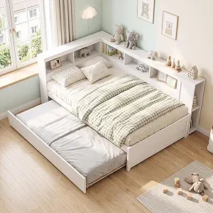 KOMFOTT Twin Size Daybed with Trundle and L-Shaped Bookcase