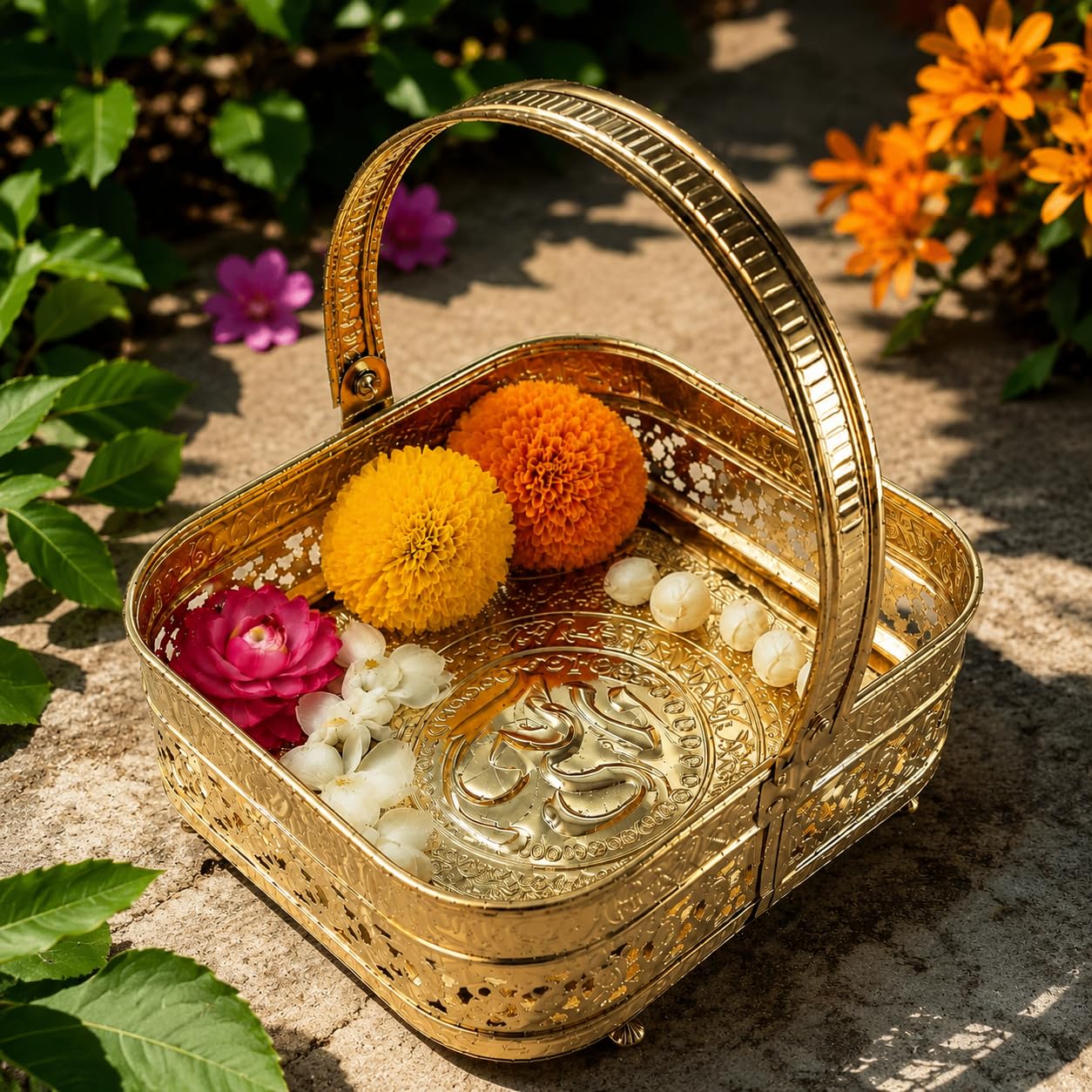 Pure Source India Brass Traditional Square Shaped Pooja Basket / Pooja Dalia, (Gold)-image-24