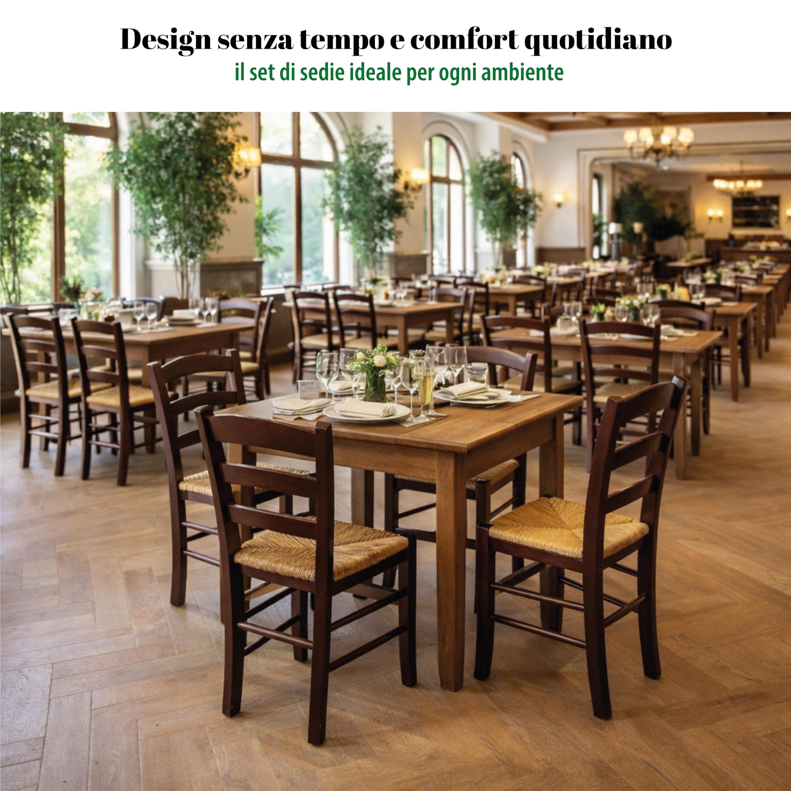 Set Sedie in Legno con Seduta in Paglia - Ampia, Compatta, Schienale Alto, Robusta, Paesana, Rustica, per Cucina, Agriturismo, Ristorante, Soggiorno - 45×45×88 CM (2, Noce)