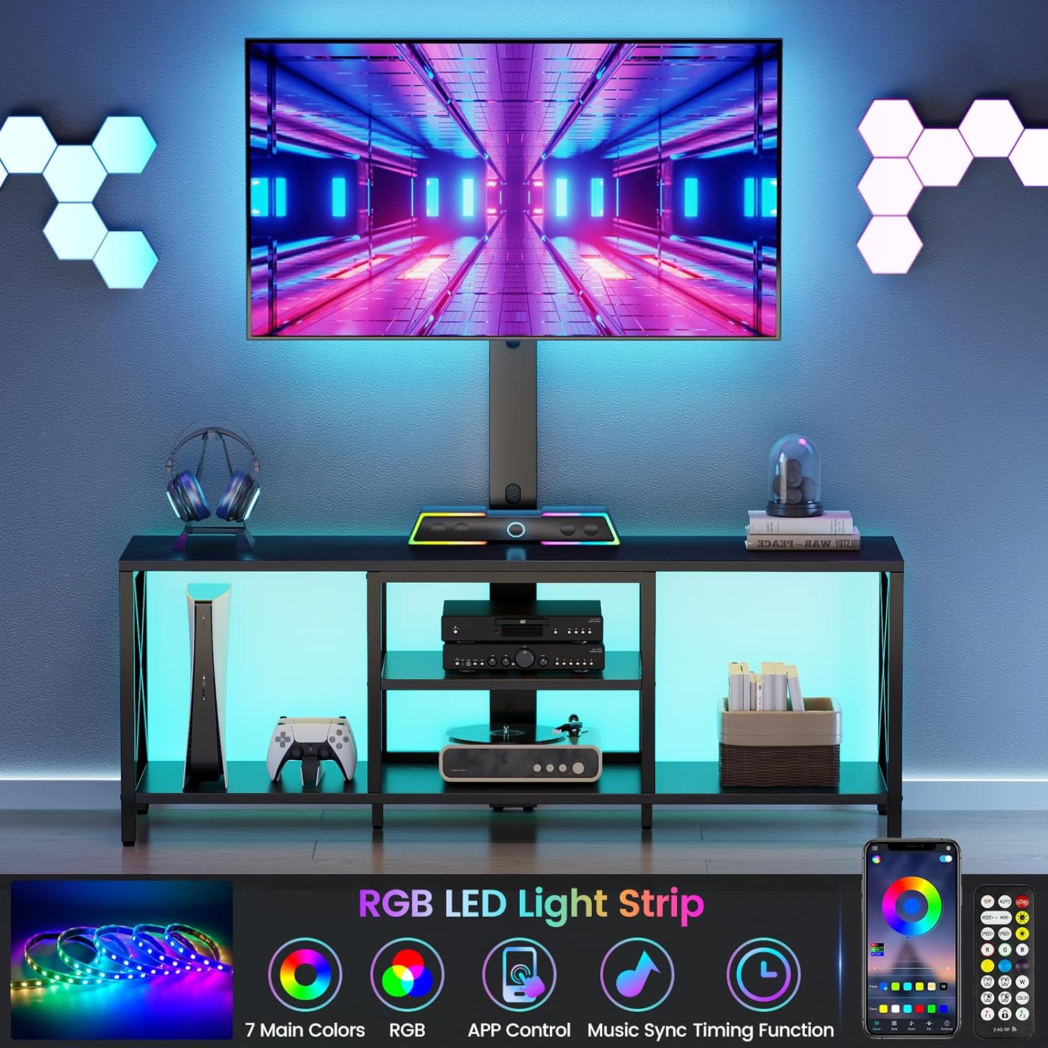 Flycity TV Stand with Mount and LED Lights, Universal TV Stand Mount for 32-75 inch TV, Entertainment Center with Storage, Metal TV Console Table Height Adjustable TV Stands for Living Room, Black